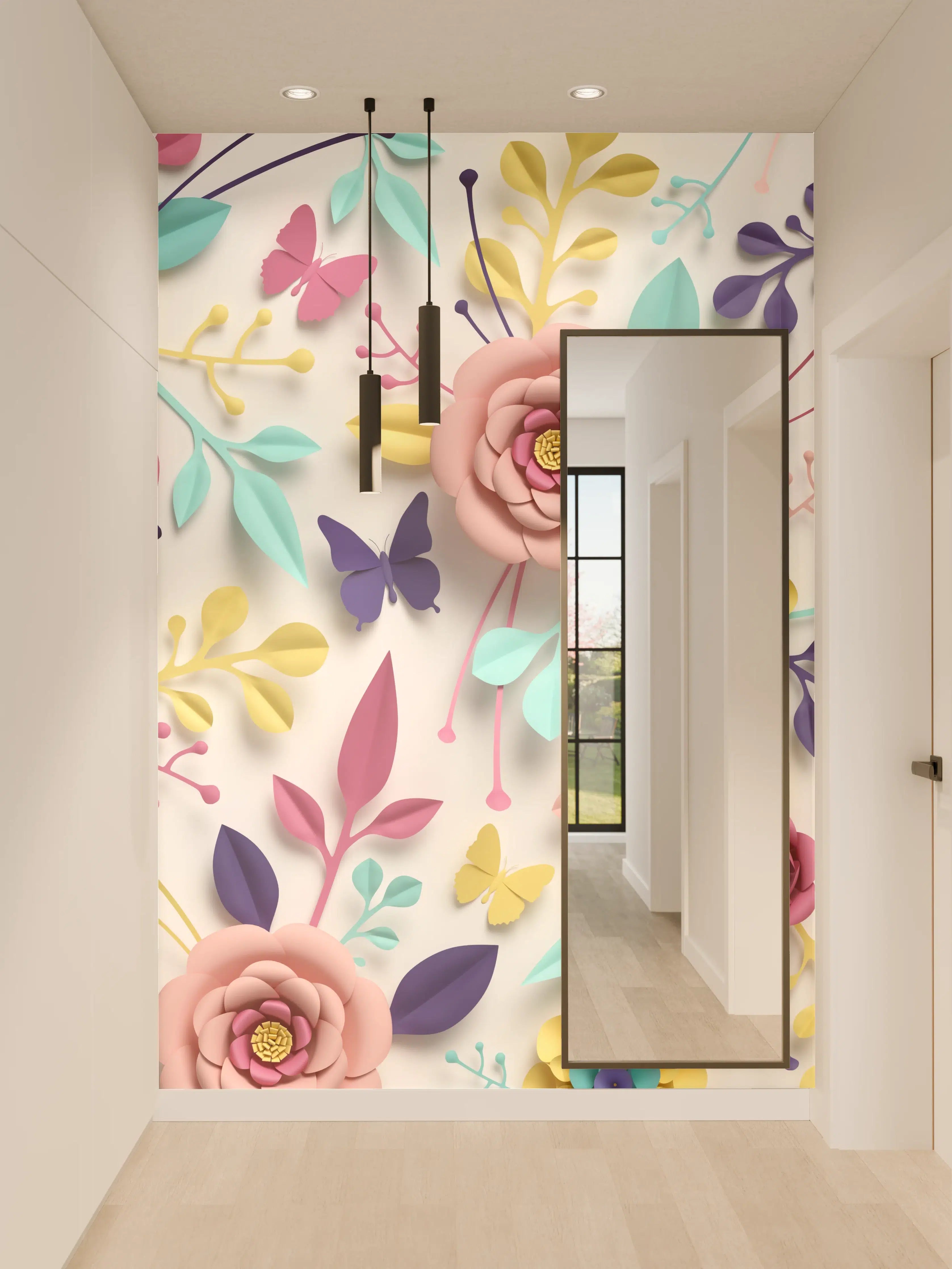 Wandverkleidung Flur - Bunte Blumen und Schmetterlinge - Frühlingshafte Dekoration