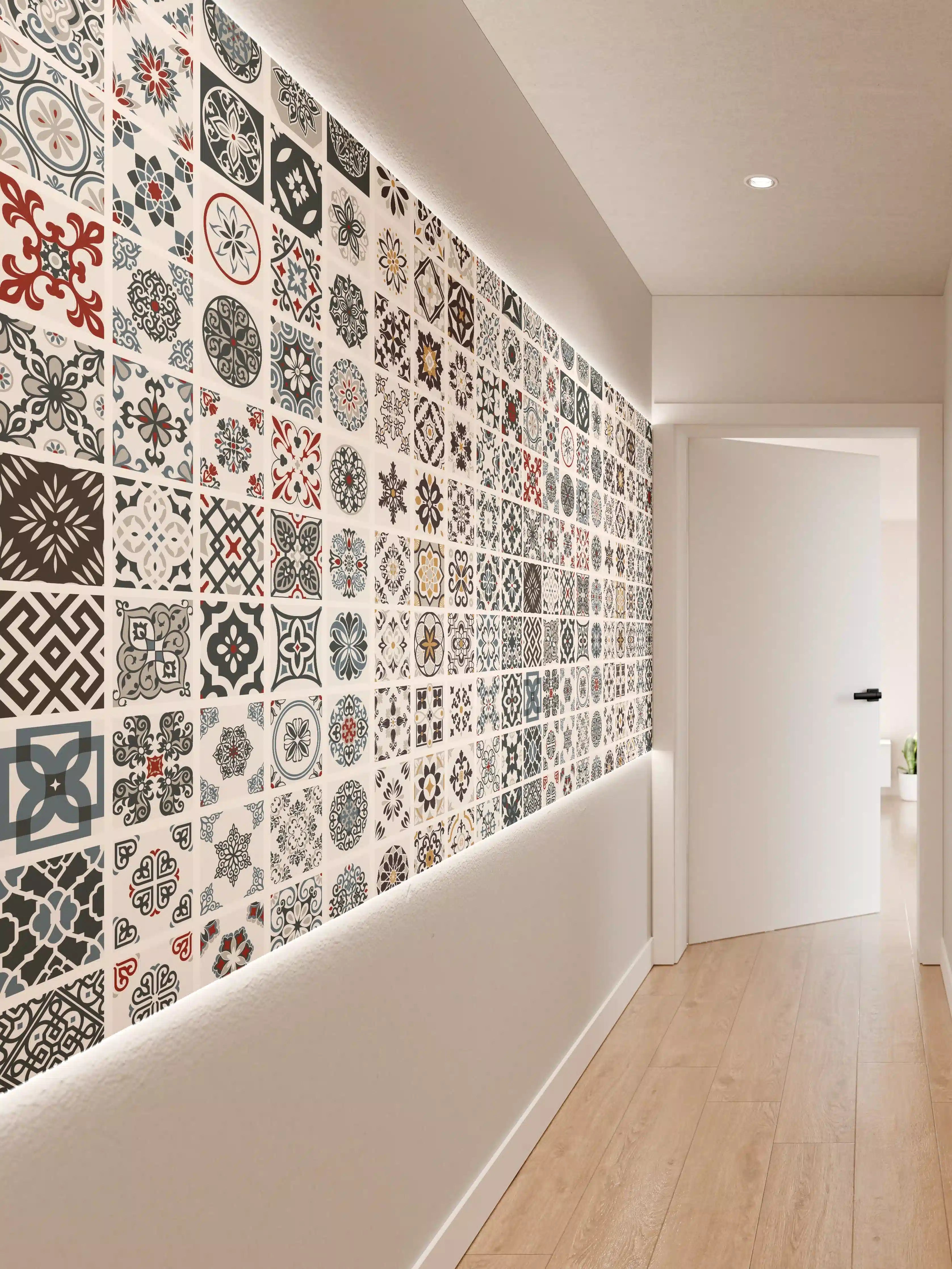 Wandverkleidung Flur - Bunte Fliesenmuster im Detail