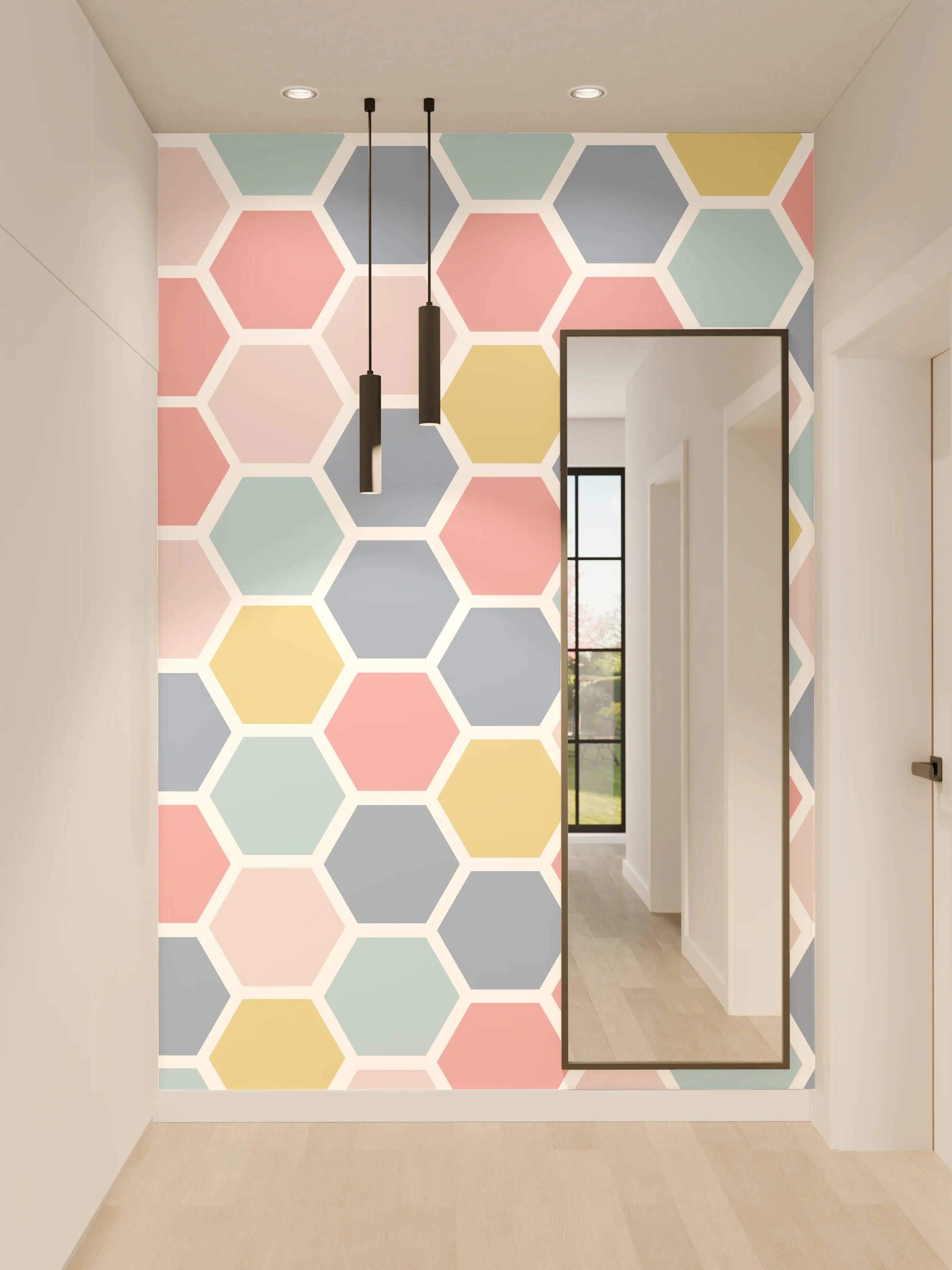 Wandverkleidung Flur - Bunte Hexagon-Muster Tapete