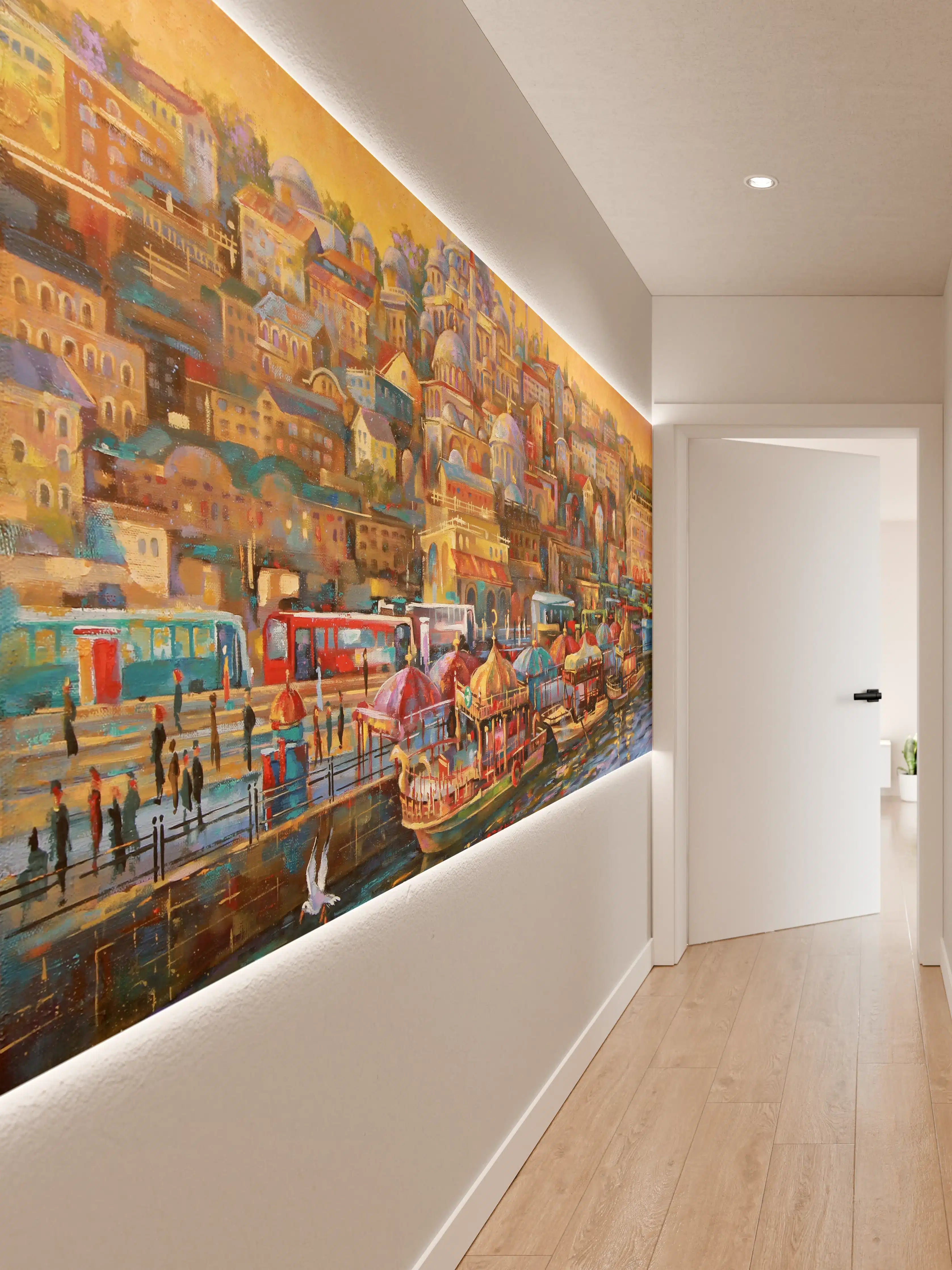 Wandverkleidung Flur - Bunte Stadt am Wasser bei Sonnenuntergang