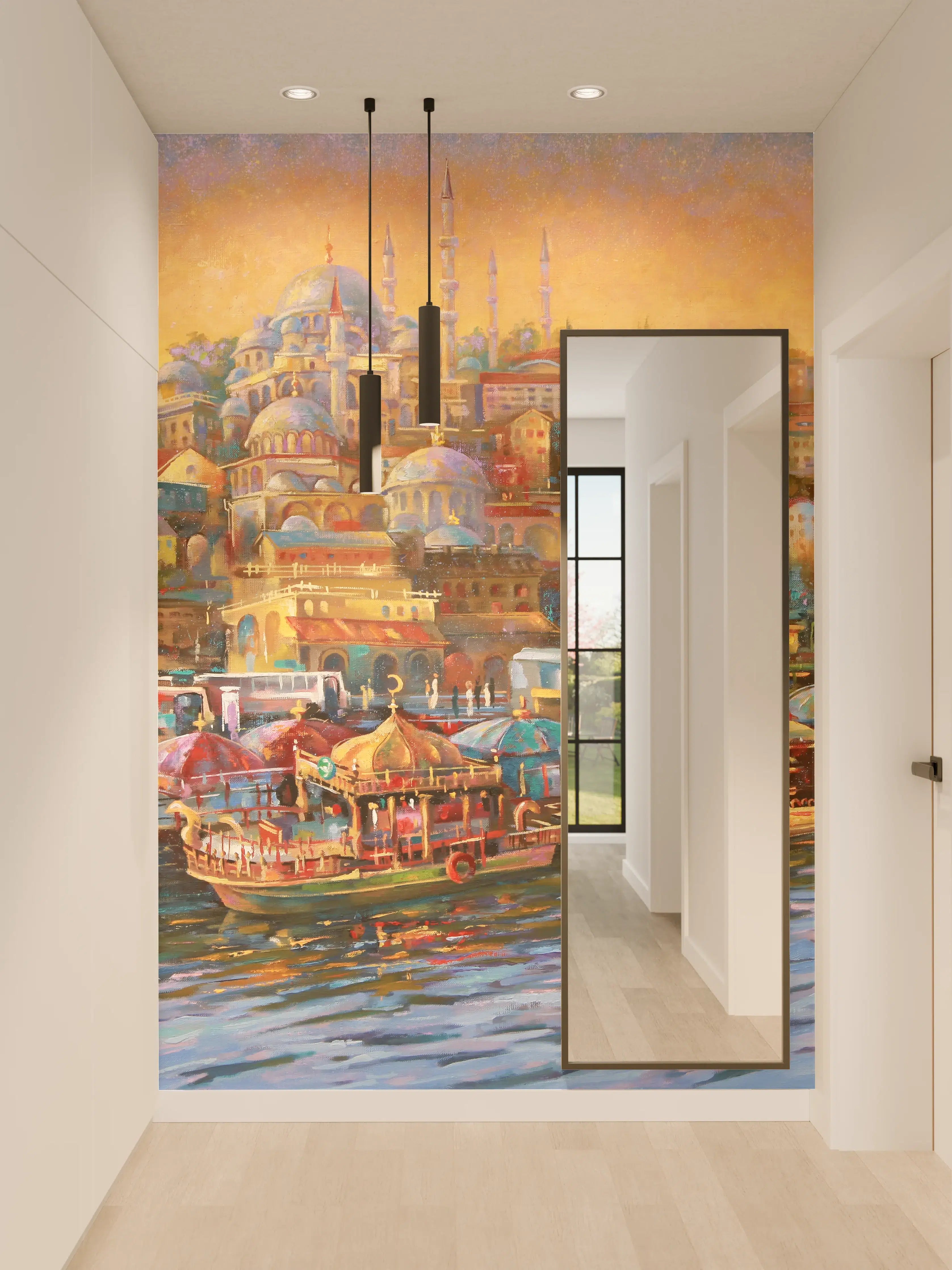 Wandverkleidung Flur - Bunte Stadt am Wasser bei Sonnenuntergang