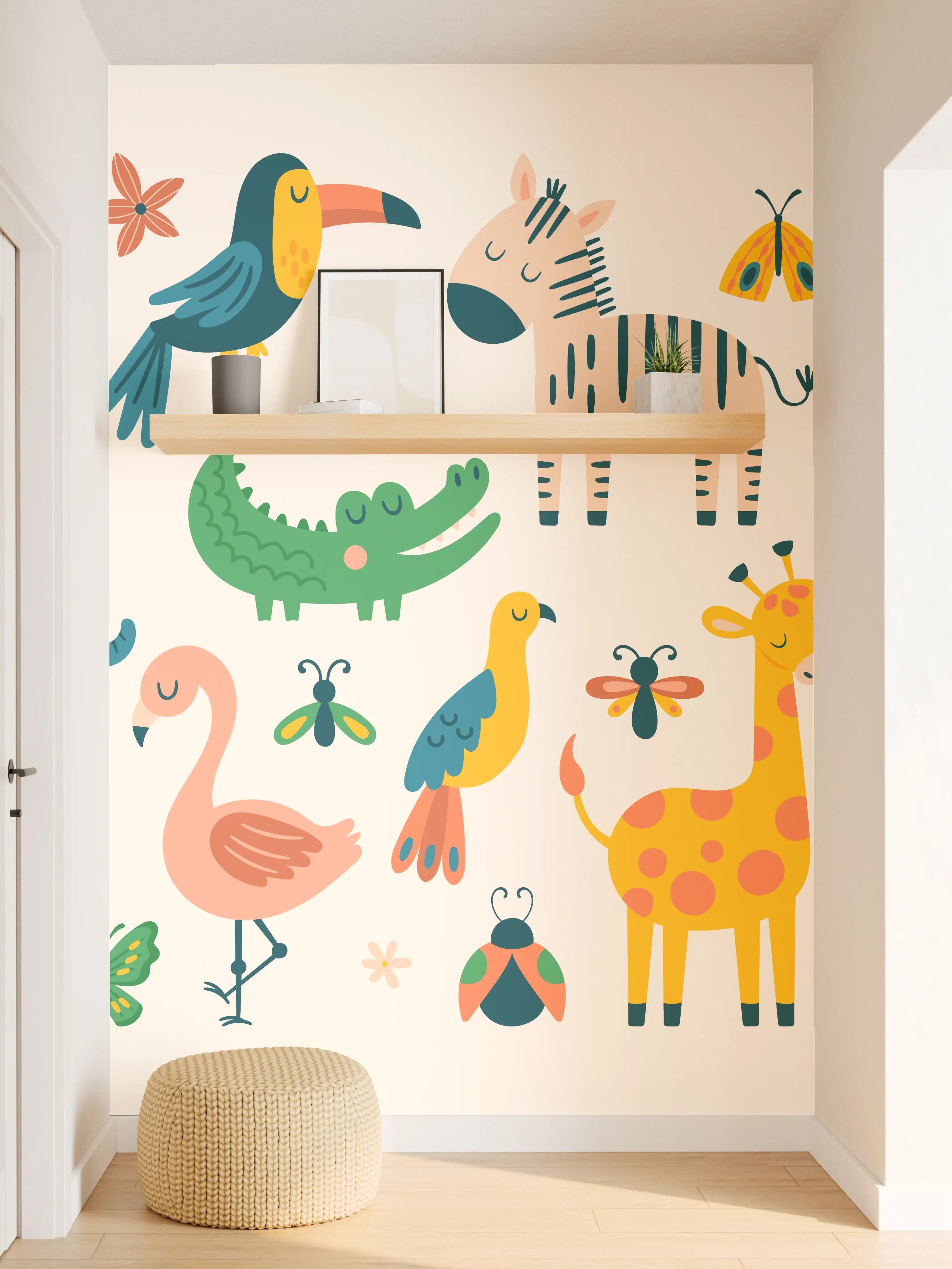 Wandverkleidung Flur - Bunte Tierfiguren Illustration