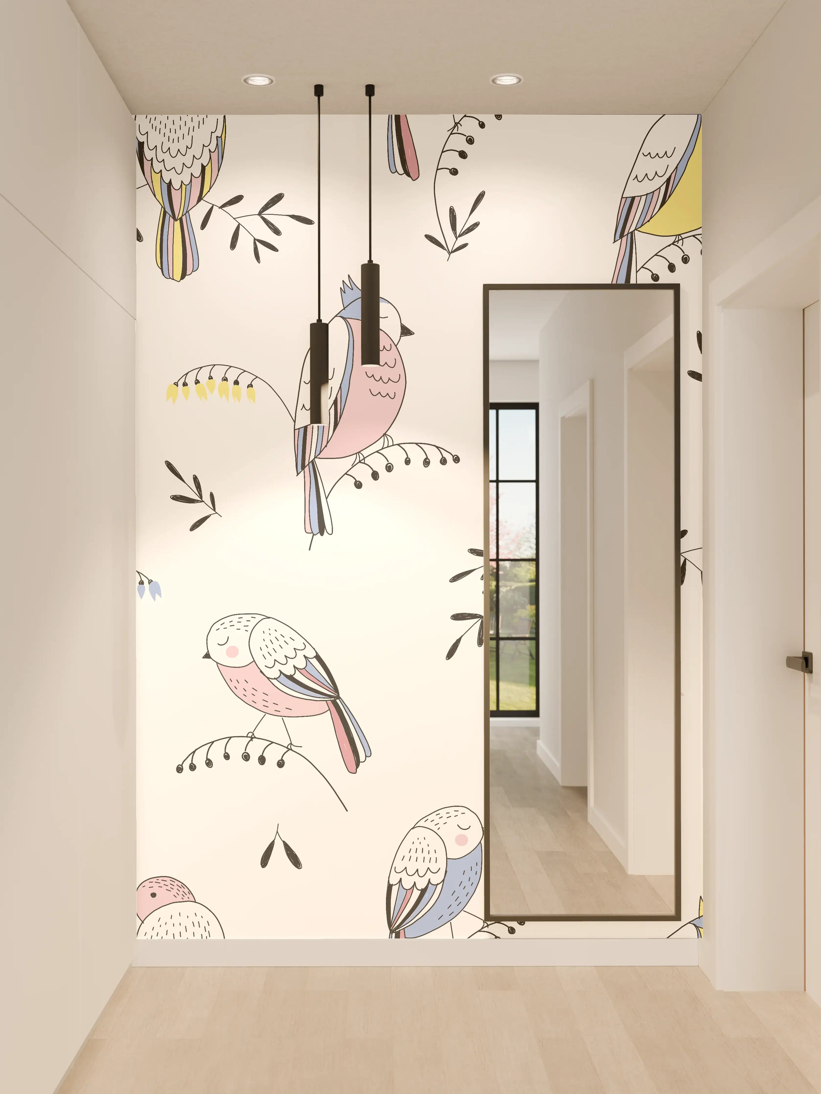 Wandverkleidung Flur - Bunte Vögel Muster Illustration