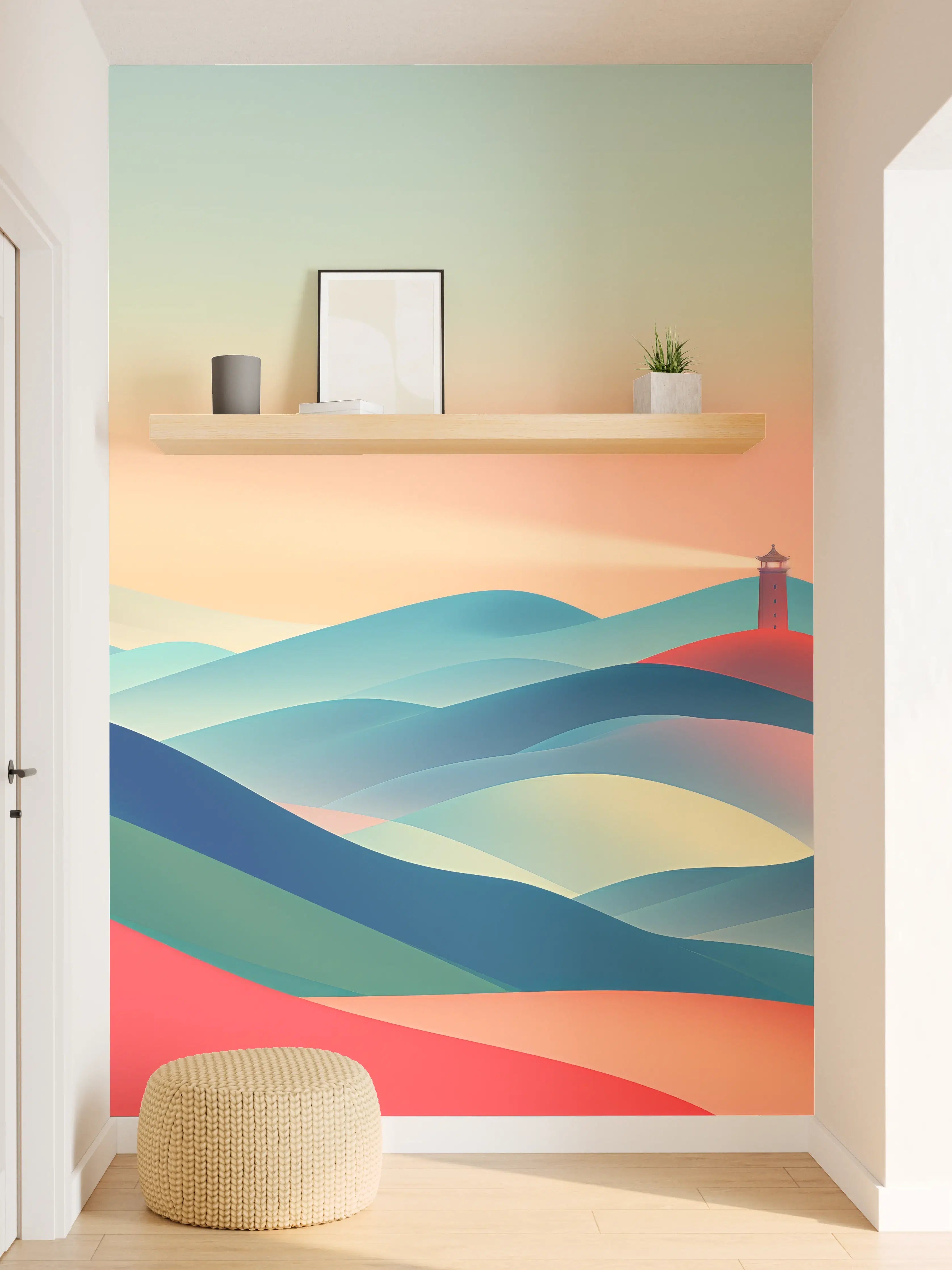 Wandverkleidung Flur - Bunte abstrakte Landschaft mit Leuchtturm