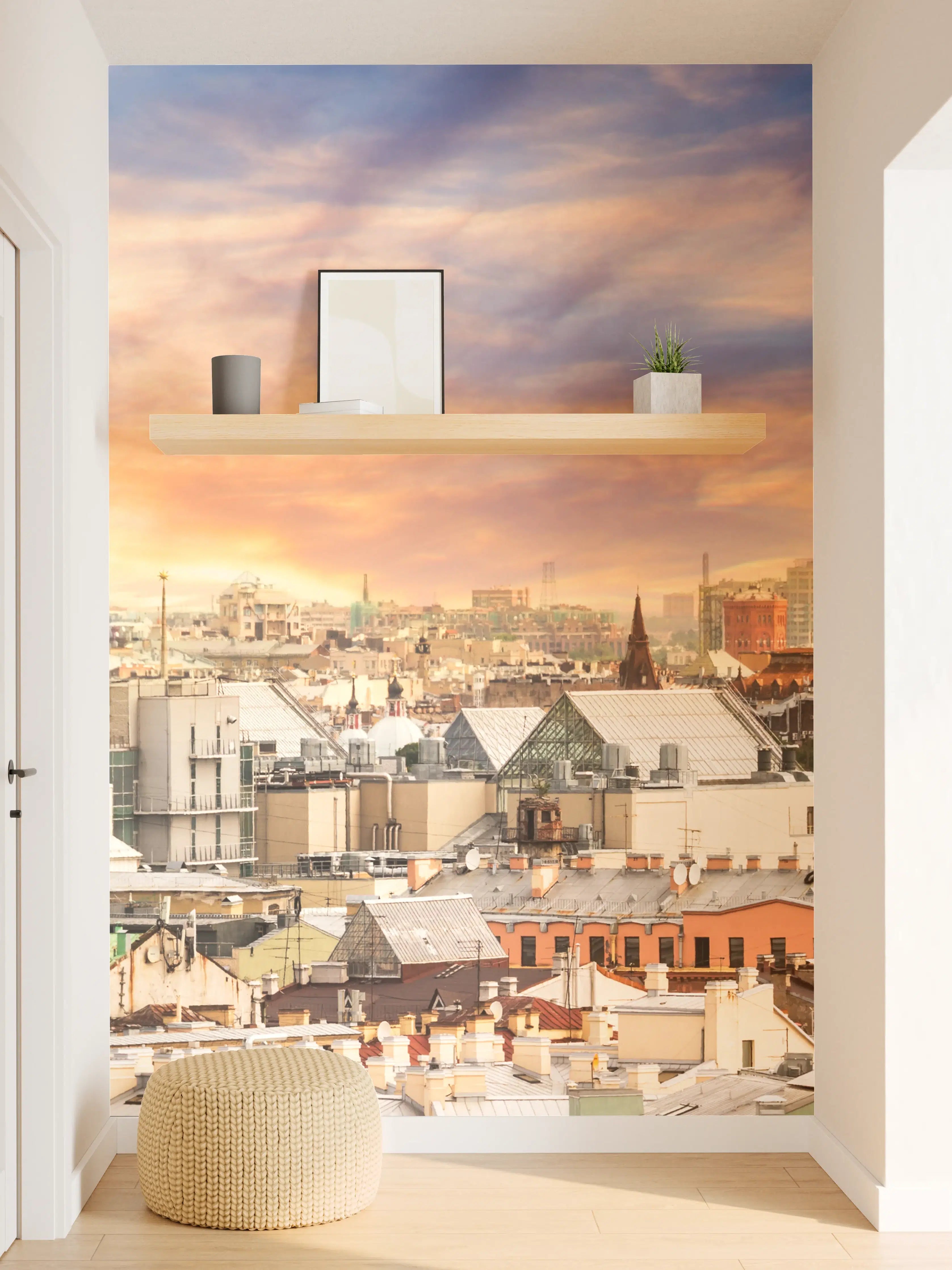 Wandverkleidung Flur - Buntes Stadtpanorama bei Sonnenuntergang