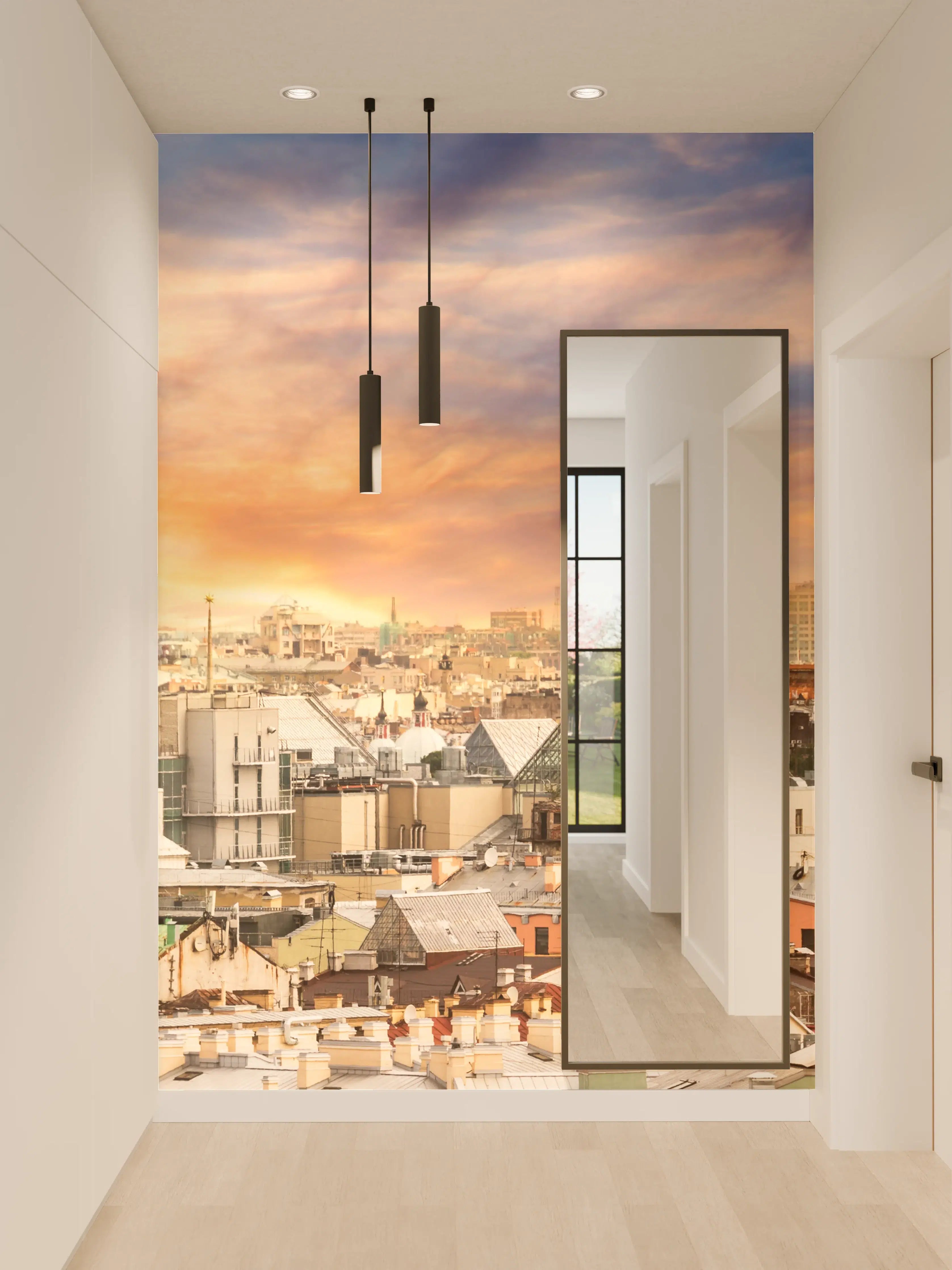 Wandverkleidung Flur - Buntes Stadtpanorama bei Sonnenuntergang