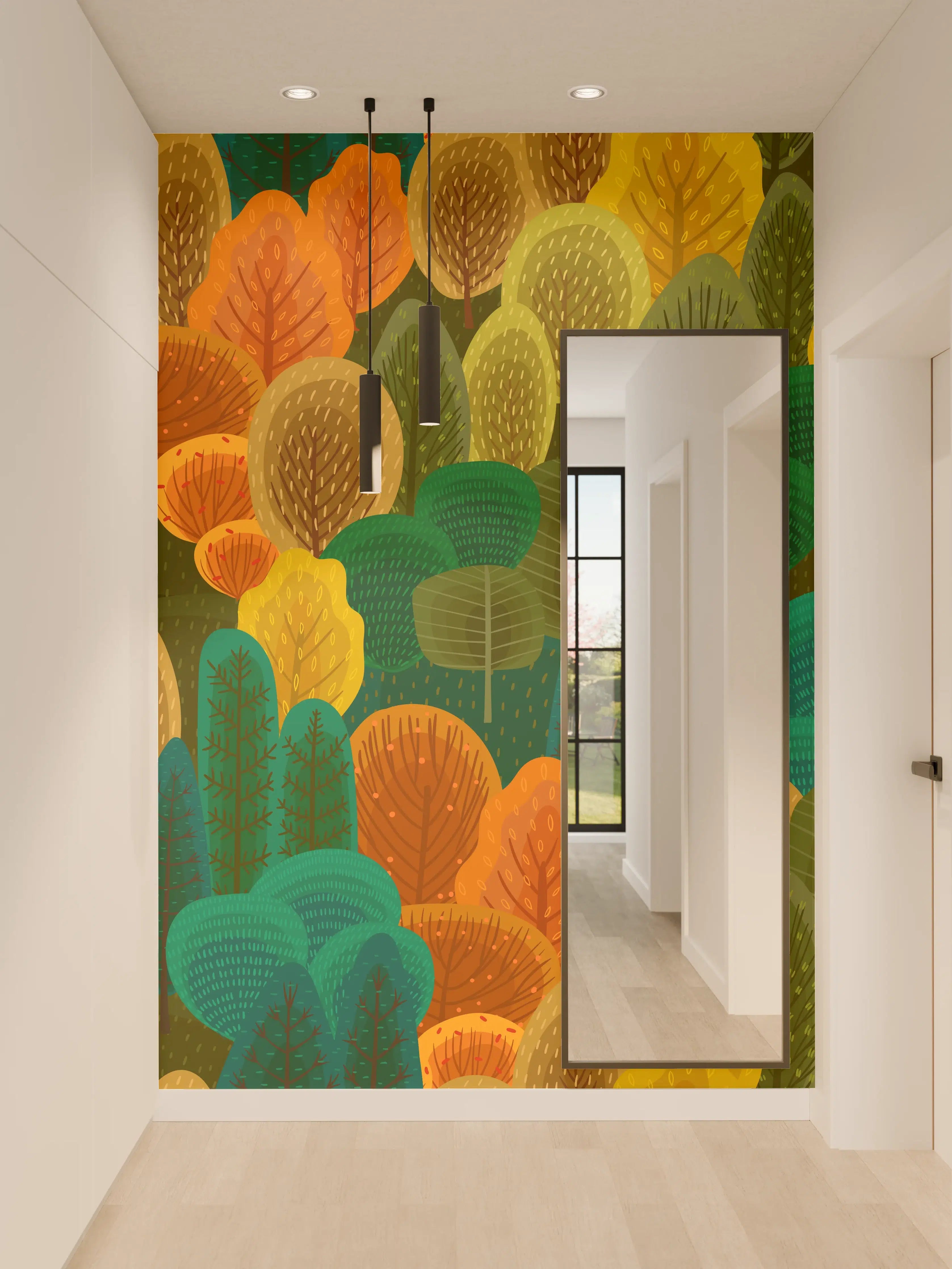 Wandverkleidung Flur - Buntes Waldmuster Design
