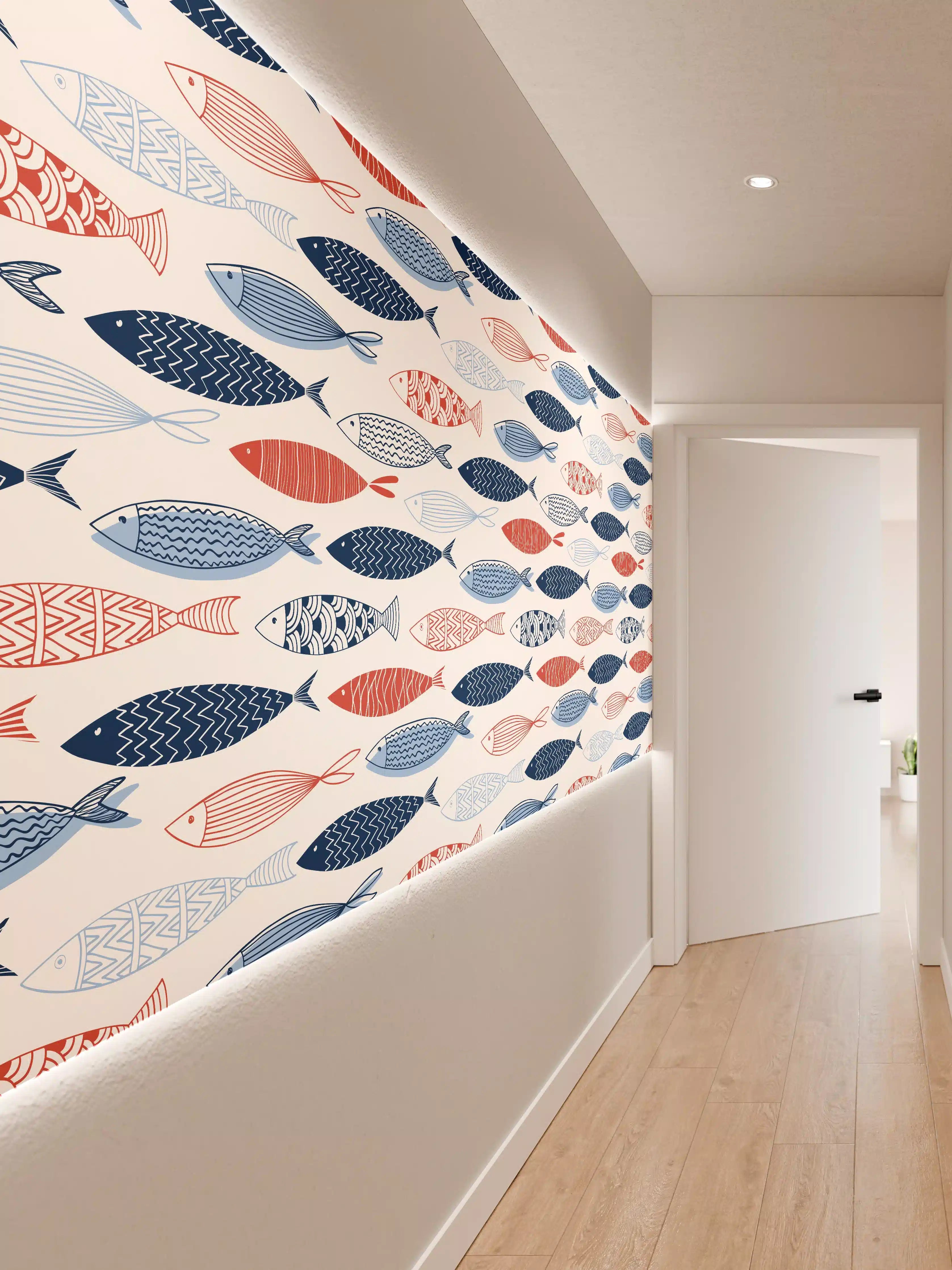 Wandverkleidung Flur - Cartoon-Fische Blau-Rot