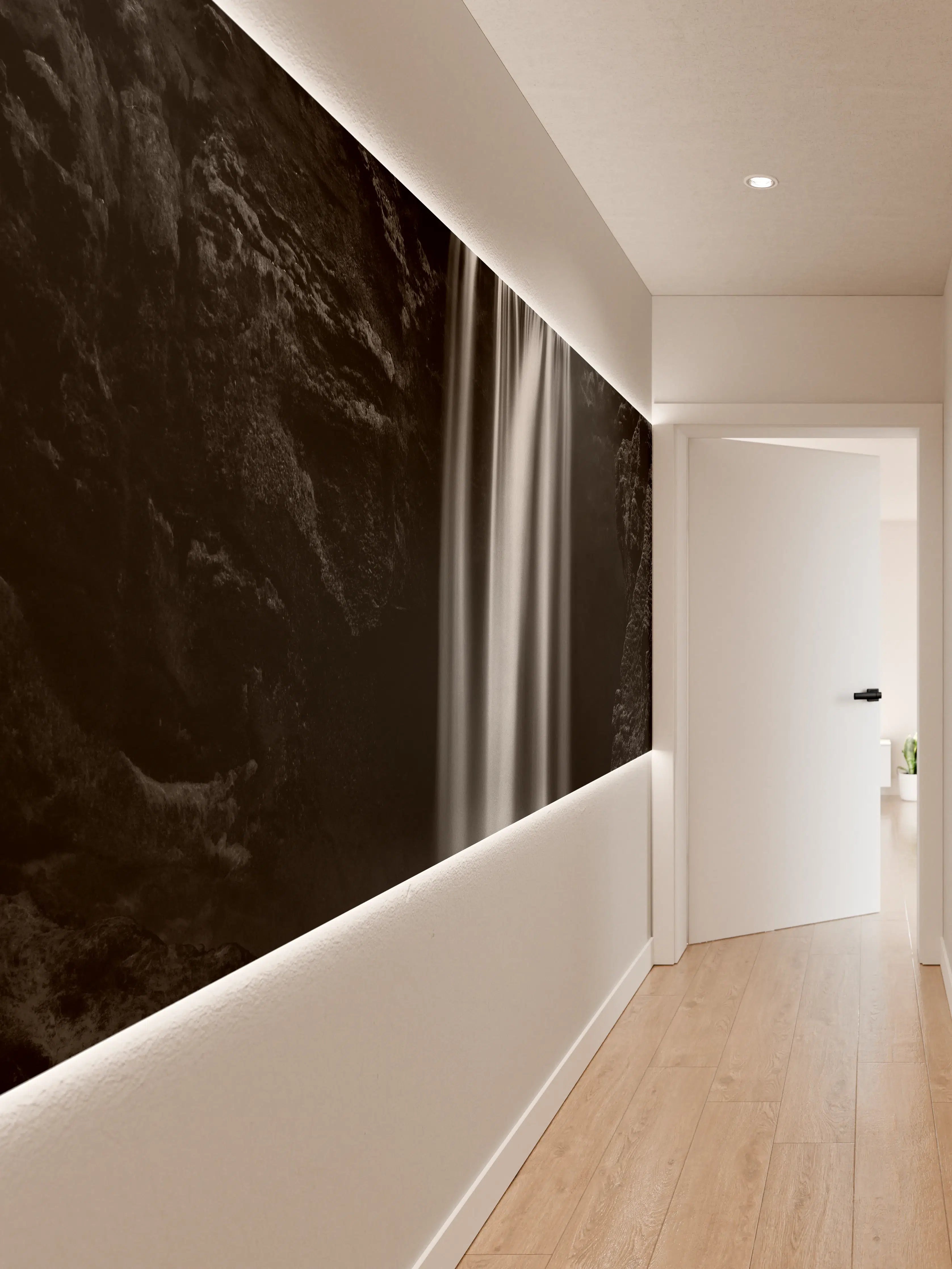 Wandverkleidung Flur - Dauerhafte Schönheit eines Wasserfalls in Schwarz-Weiß