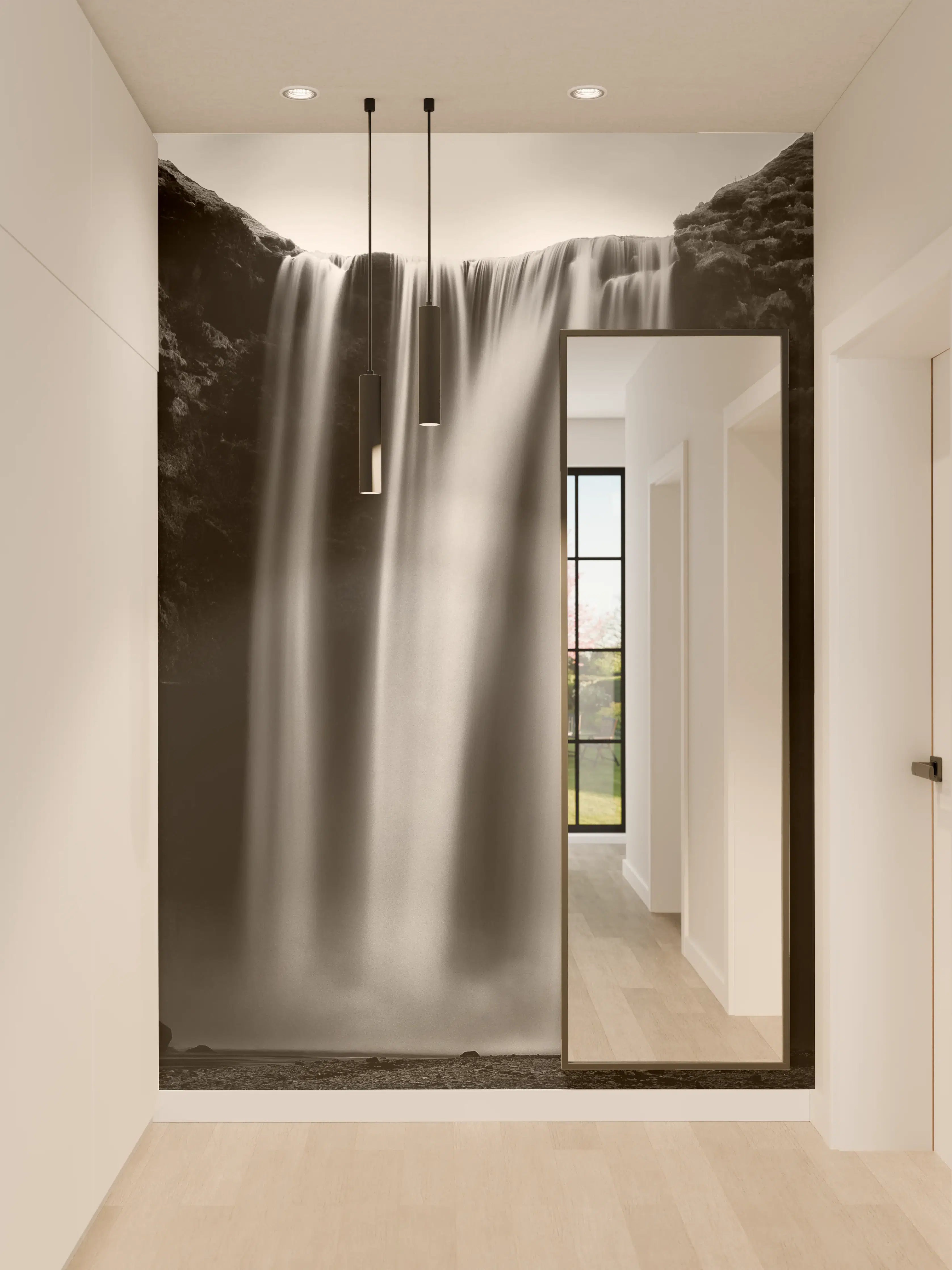 Wandverkleidung Flur - Dauerhafte Schönheit eines Wasserfalls in Schwarz-Weiß