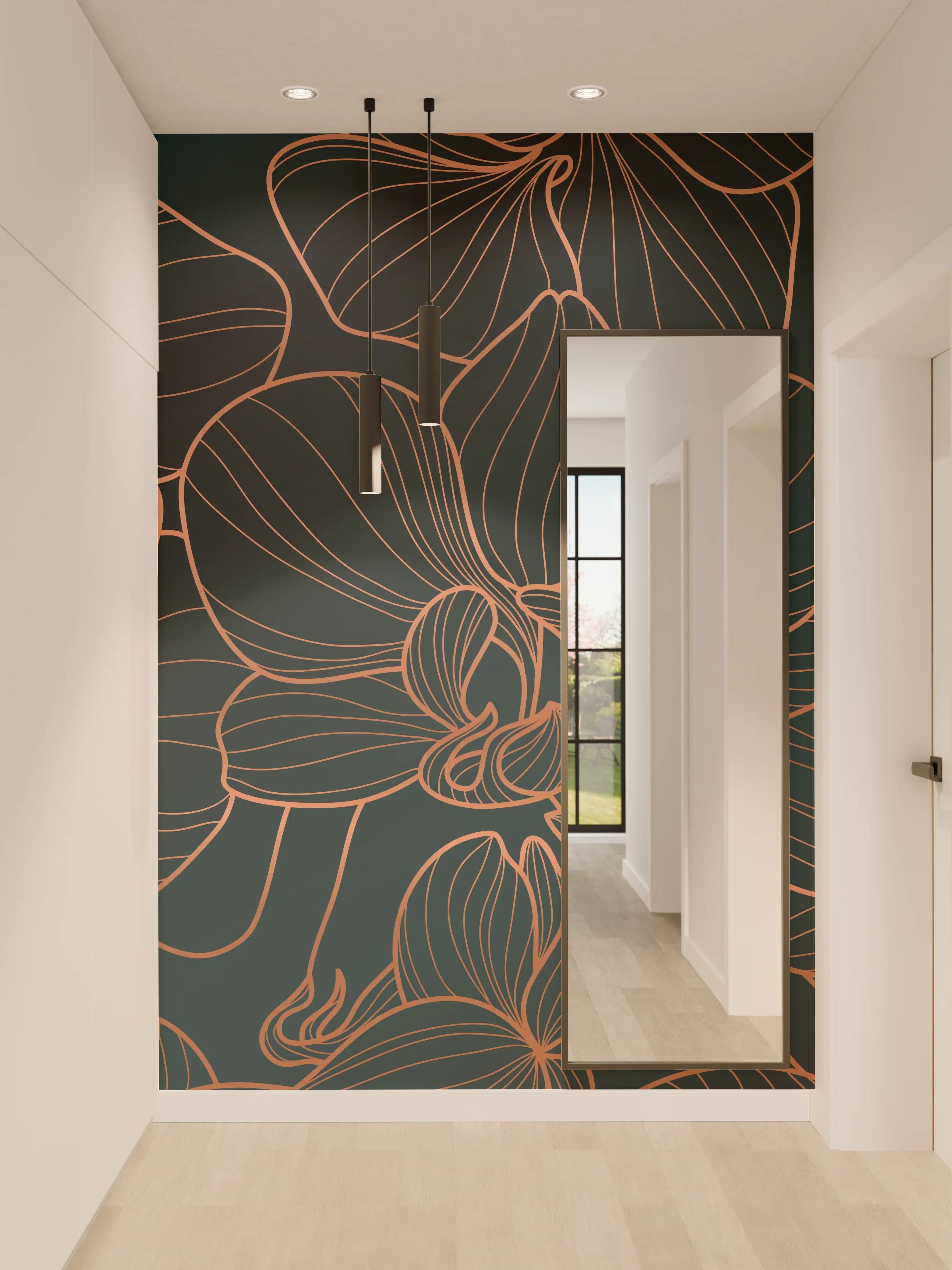 Wandverkleidung Flur - Dunkelblaue Floral Linien Kunst