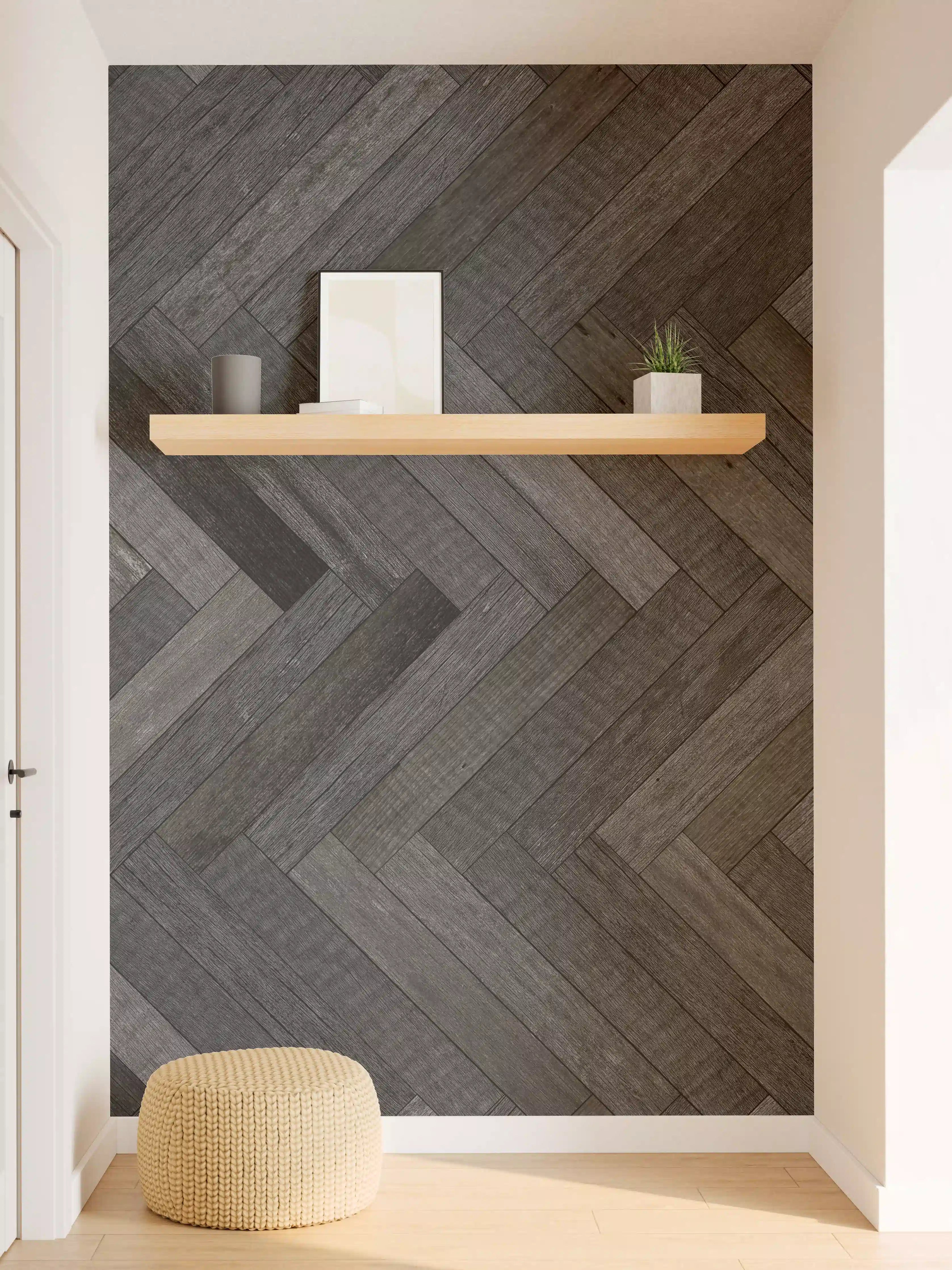 Wandverkleidung Flur - Dunkler Holzfußboden mit Zickzack-Muster