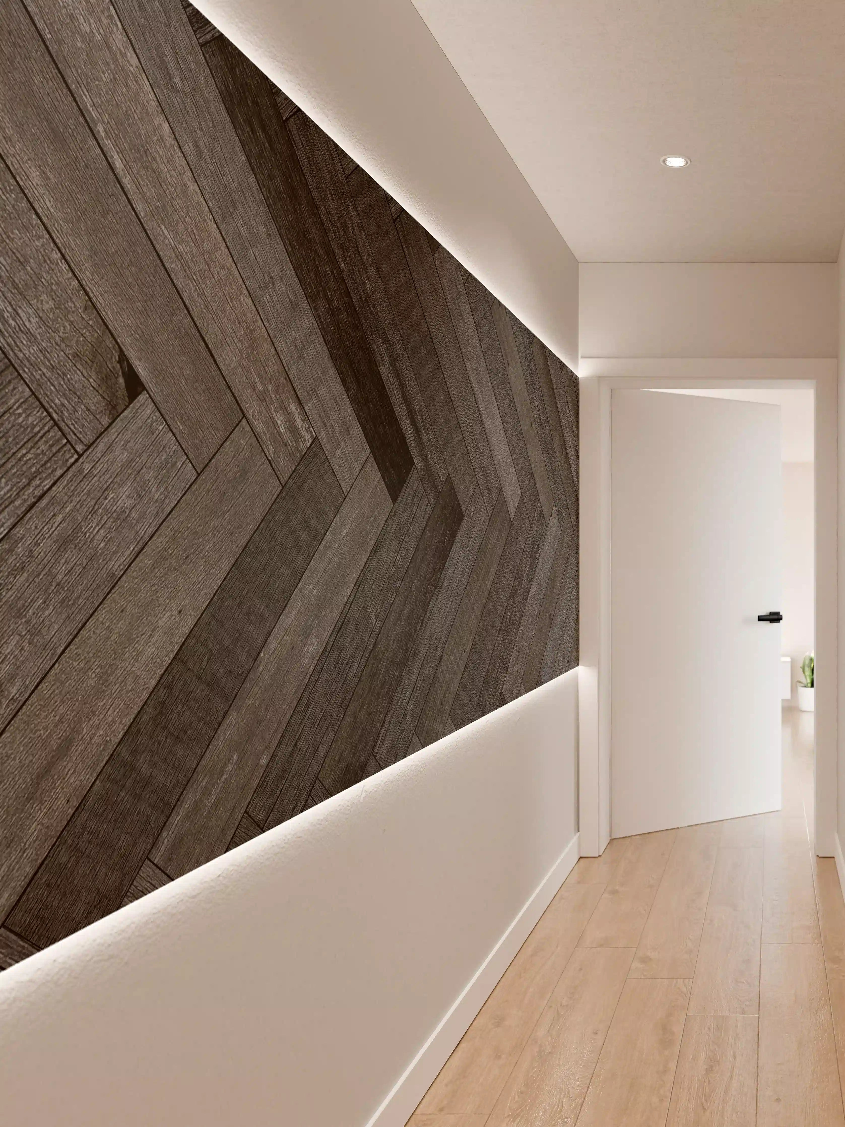 Wandverkleidung Flur - Dunkler Holzfußboden mit Zickzack-Muster
