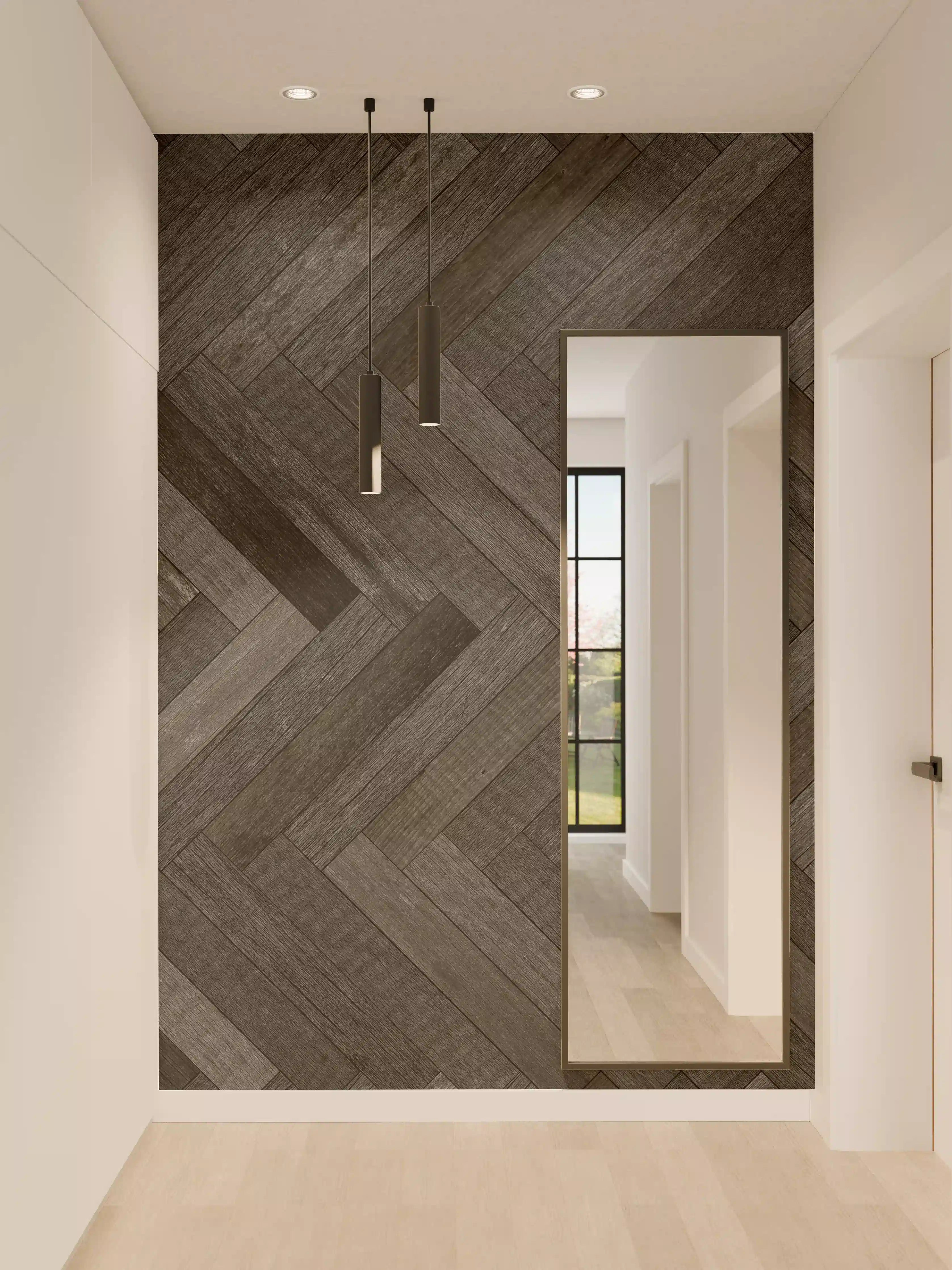 Wandverkleidung Flur - Dunkler Holzfußboden mit Zickzack-Muster