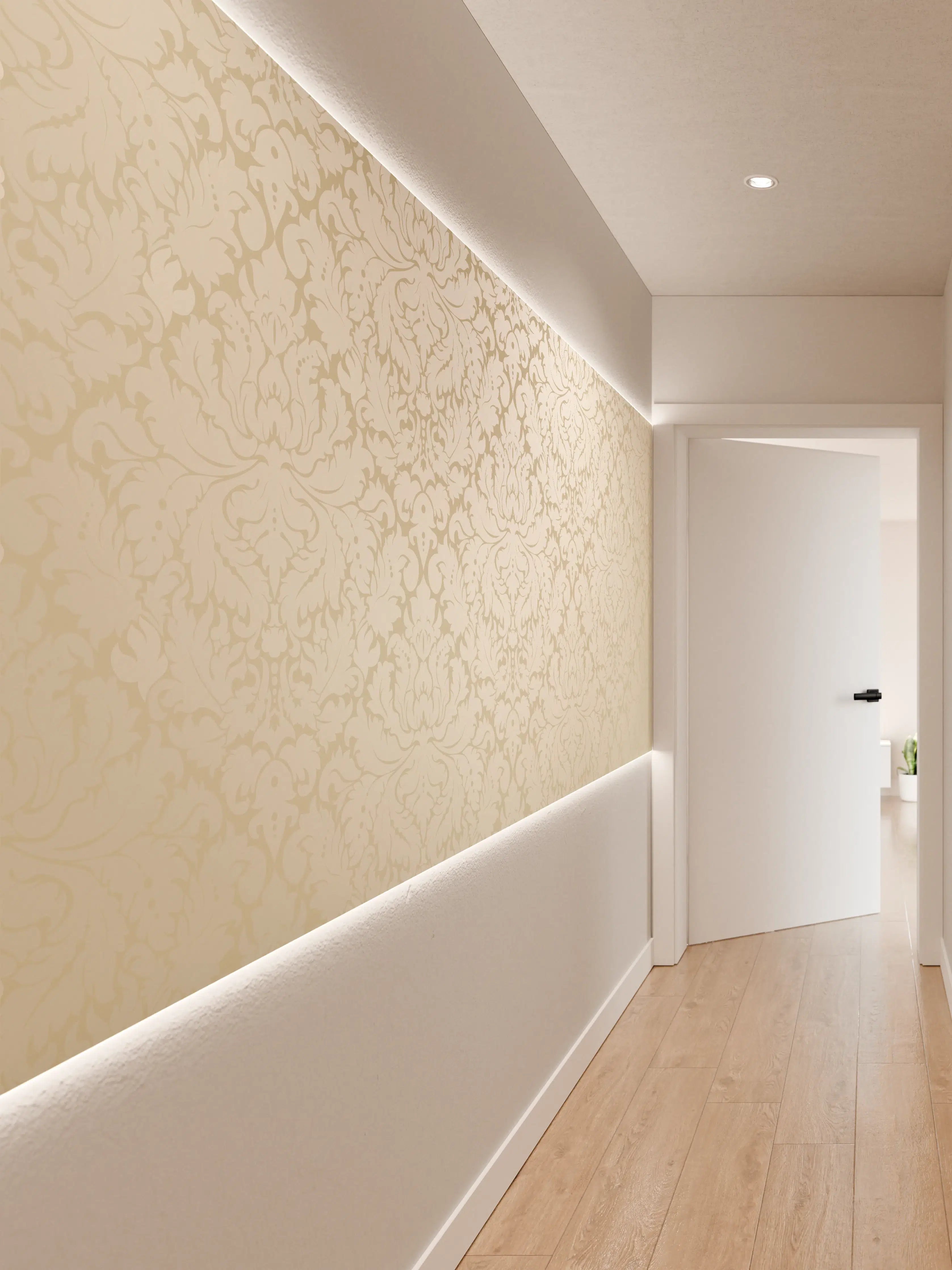 Wandverkleidung Flur - Edle Creme-Gold Damast-Tapete