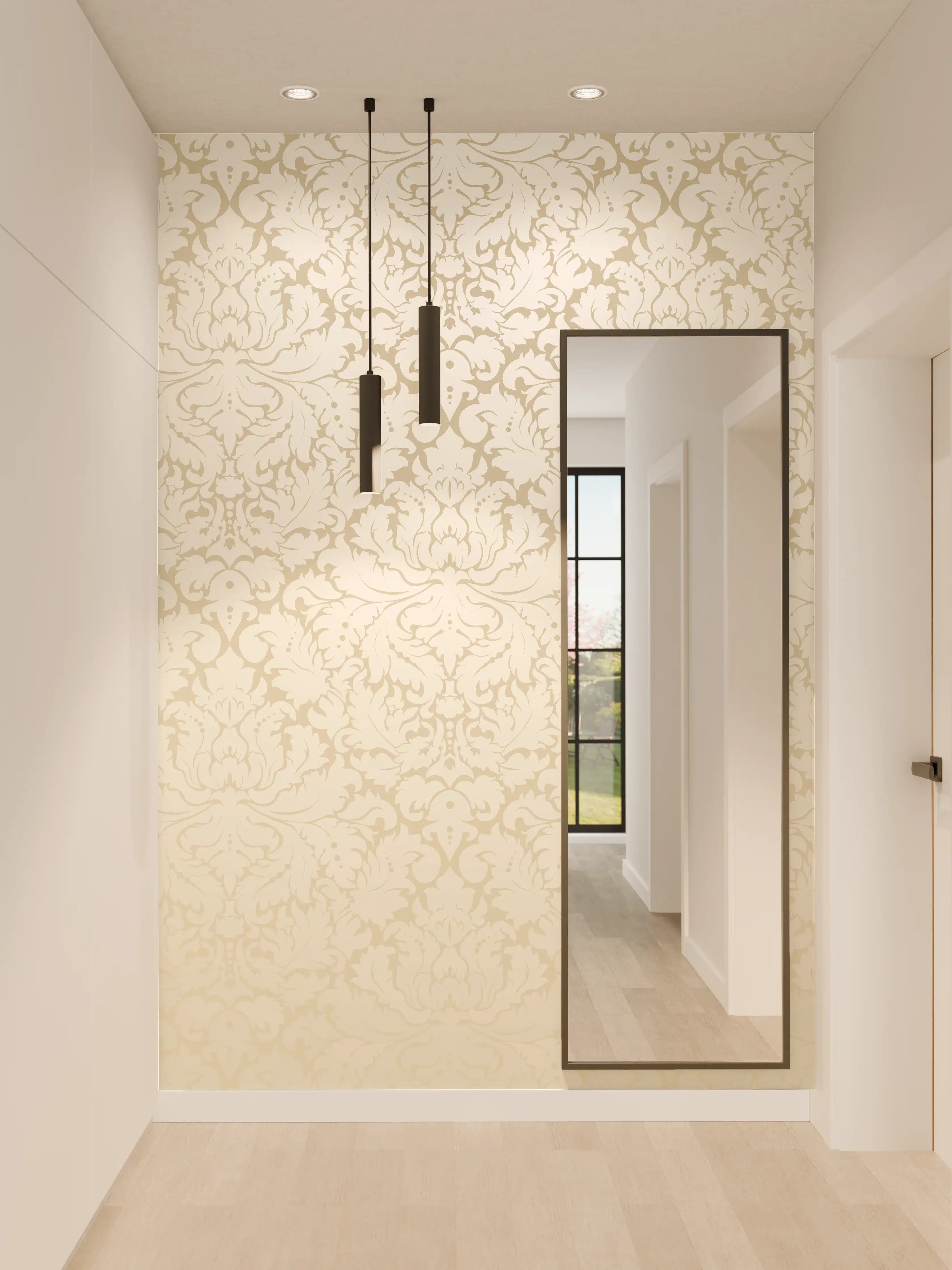 Wandverkleidung Flur - Edle Creme-Gold Damast-Tapete