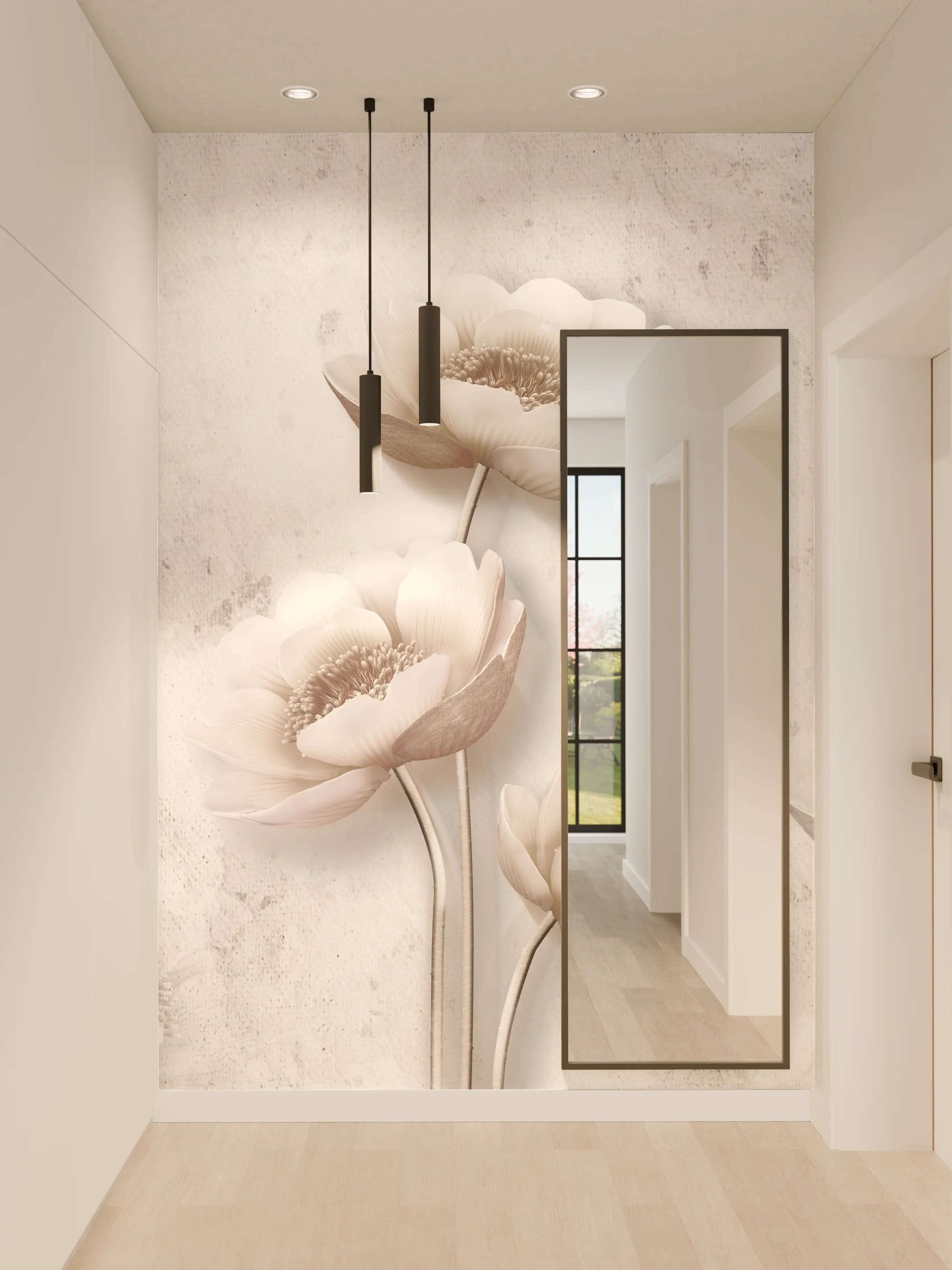 Wandverkleidung Flur - Edle Grauweiß Blumen Wandkunst