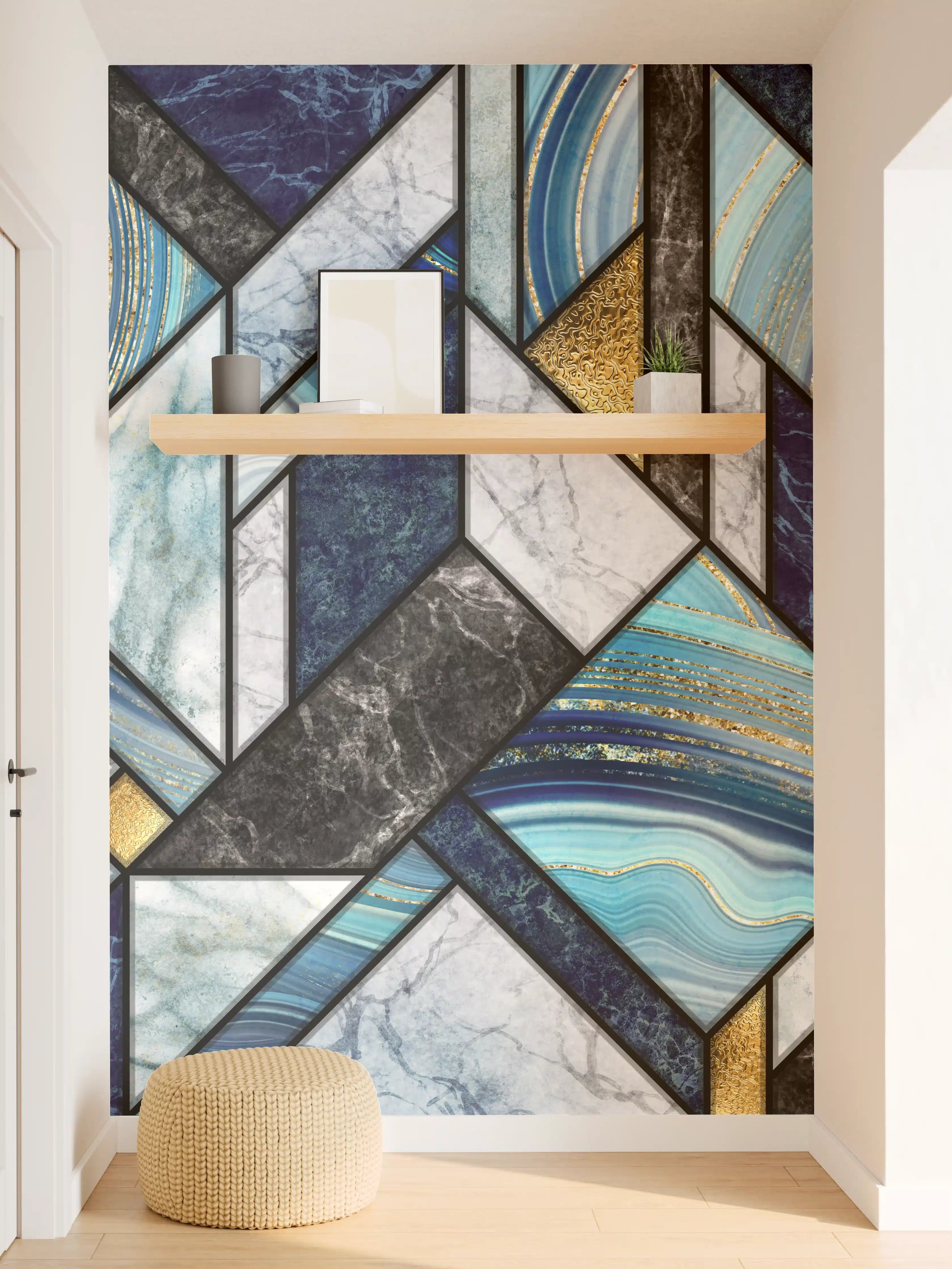 Wandverkleidung Flur - Elegant Marmor-Design in Blau und Gold