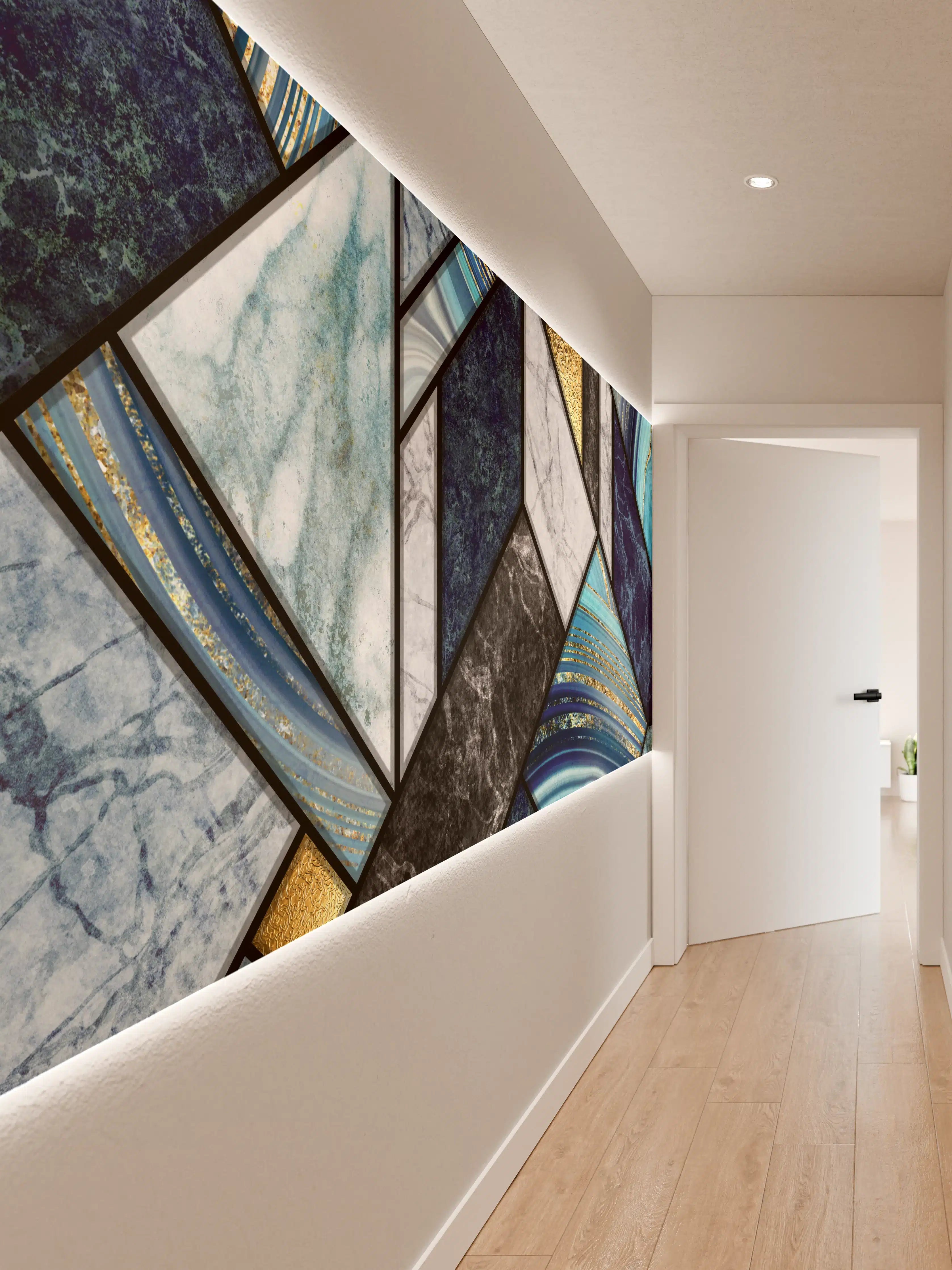 Wandverkleidung Flur - Elegant Marmor-Design in Blau und Gold