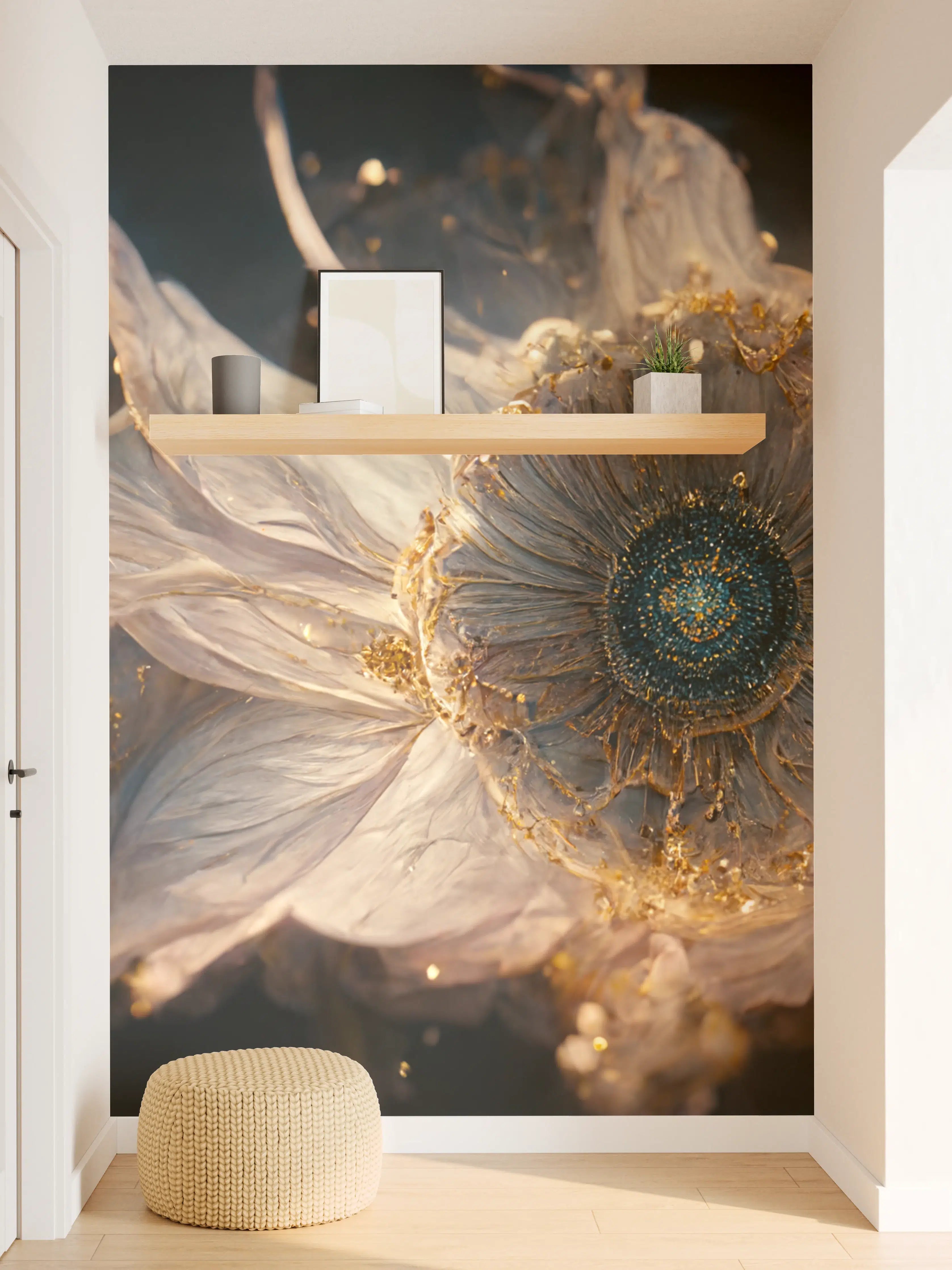 Wandverkleidung Flur - Elegante Blume in goldenen Details
