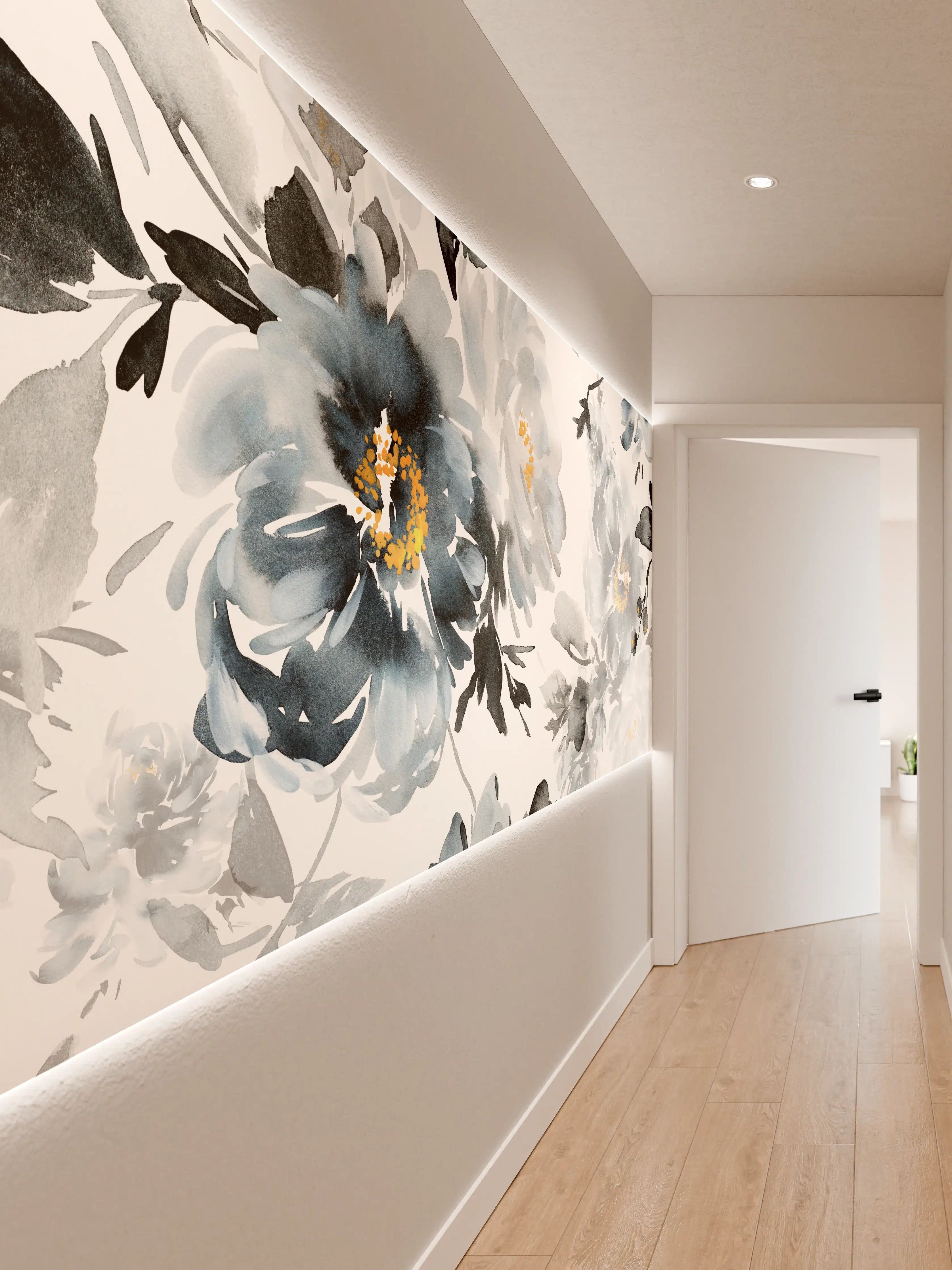 Wandverkleidung Flur - Elegante Blumen in Grau und Blau