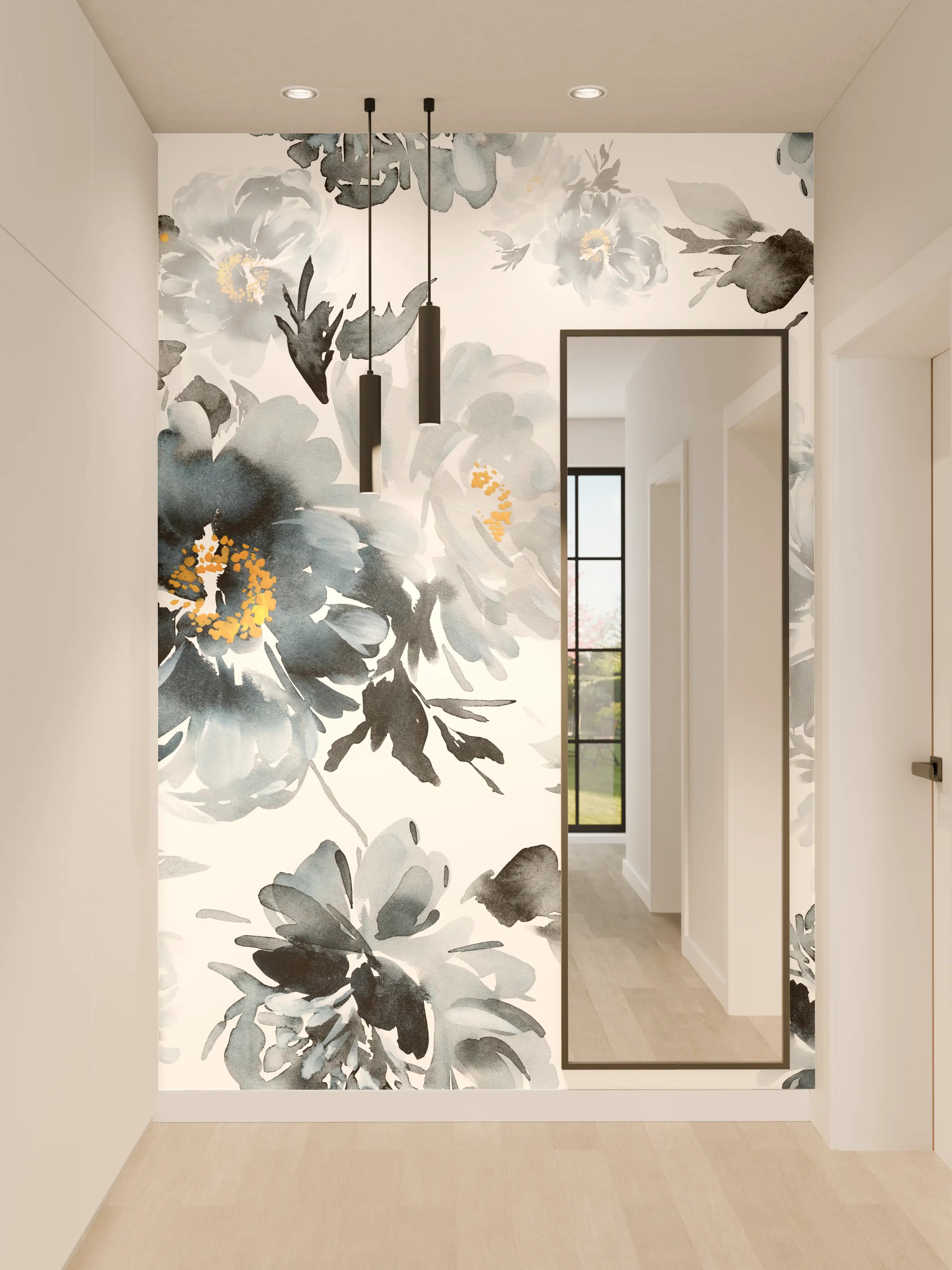 Wandverkleidung Flur - Elegante Blumen in Grau und Blau