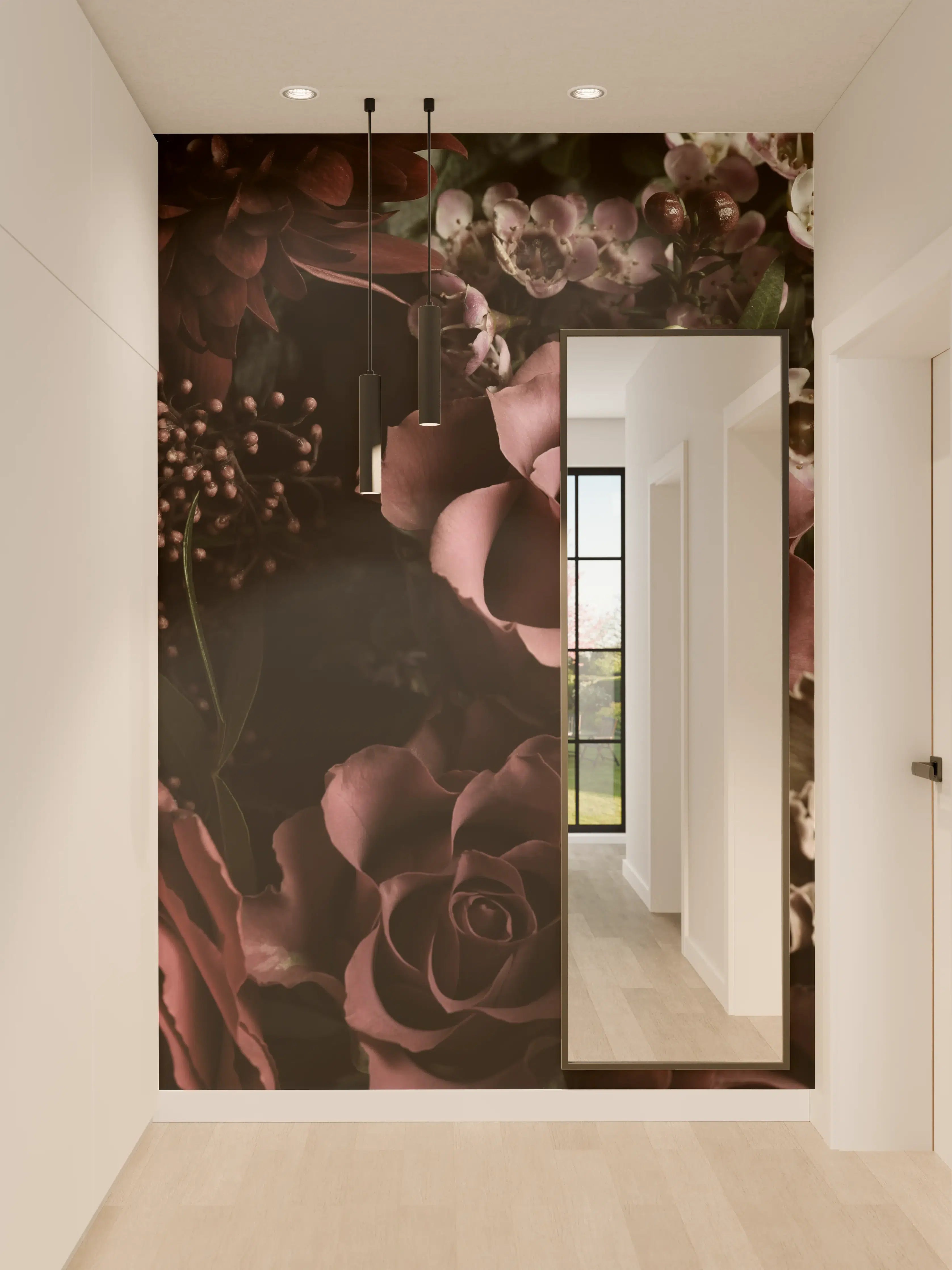 Wandverkleidung Flur - Elegante Blumenkomposition in dunkler Atmosphäre