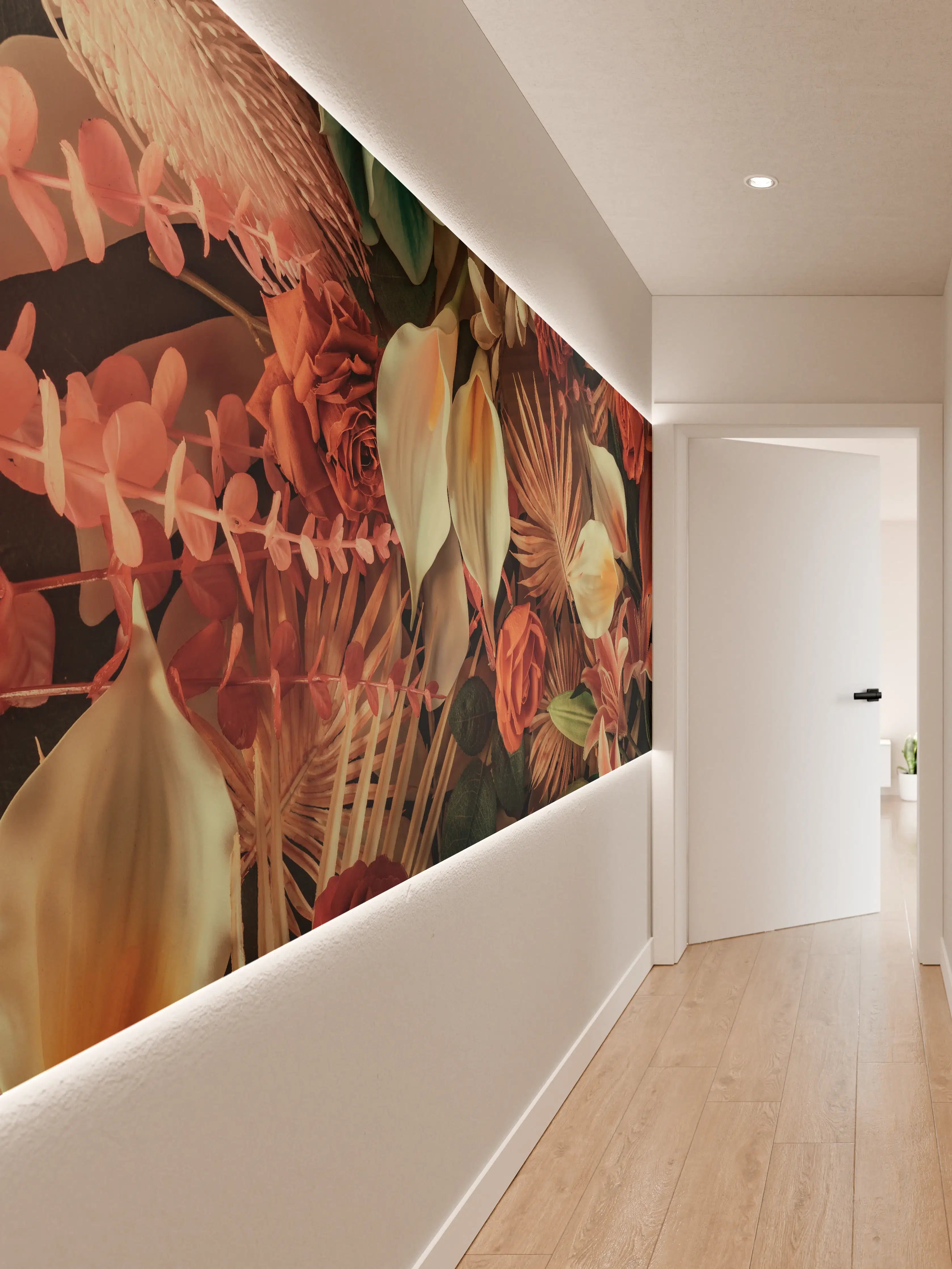 Wandverkleidung Flur - Elegante Blumenkomposition in warmen Tönen