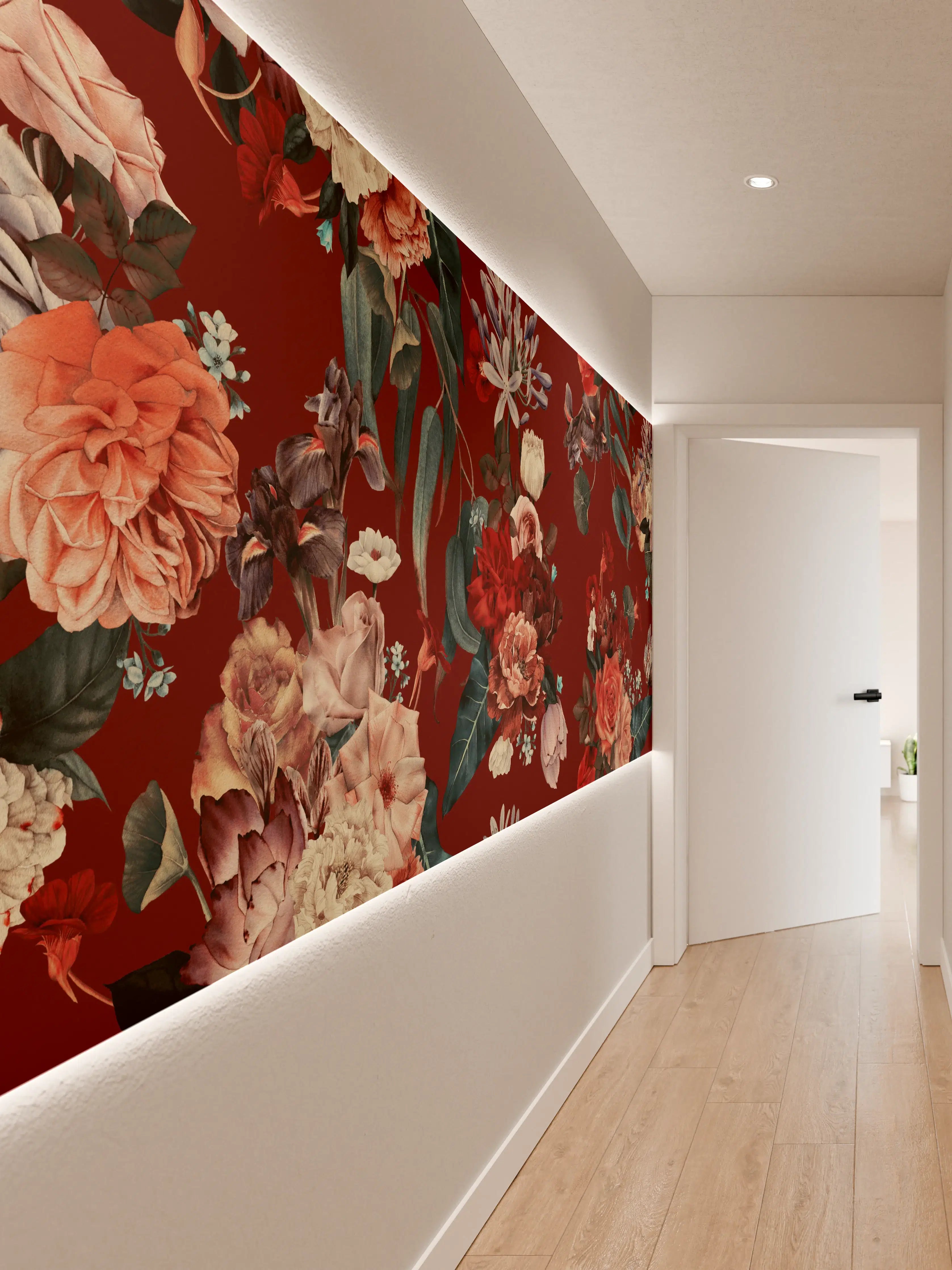 Wandverkleidung Flur - Elegante Blumenmuster auf rotem Hintergrund