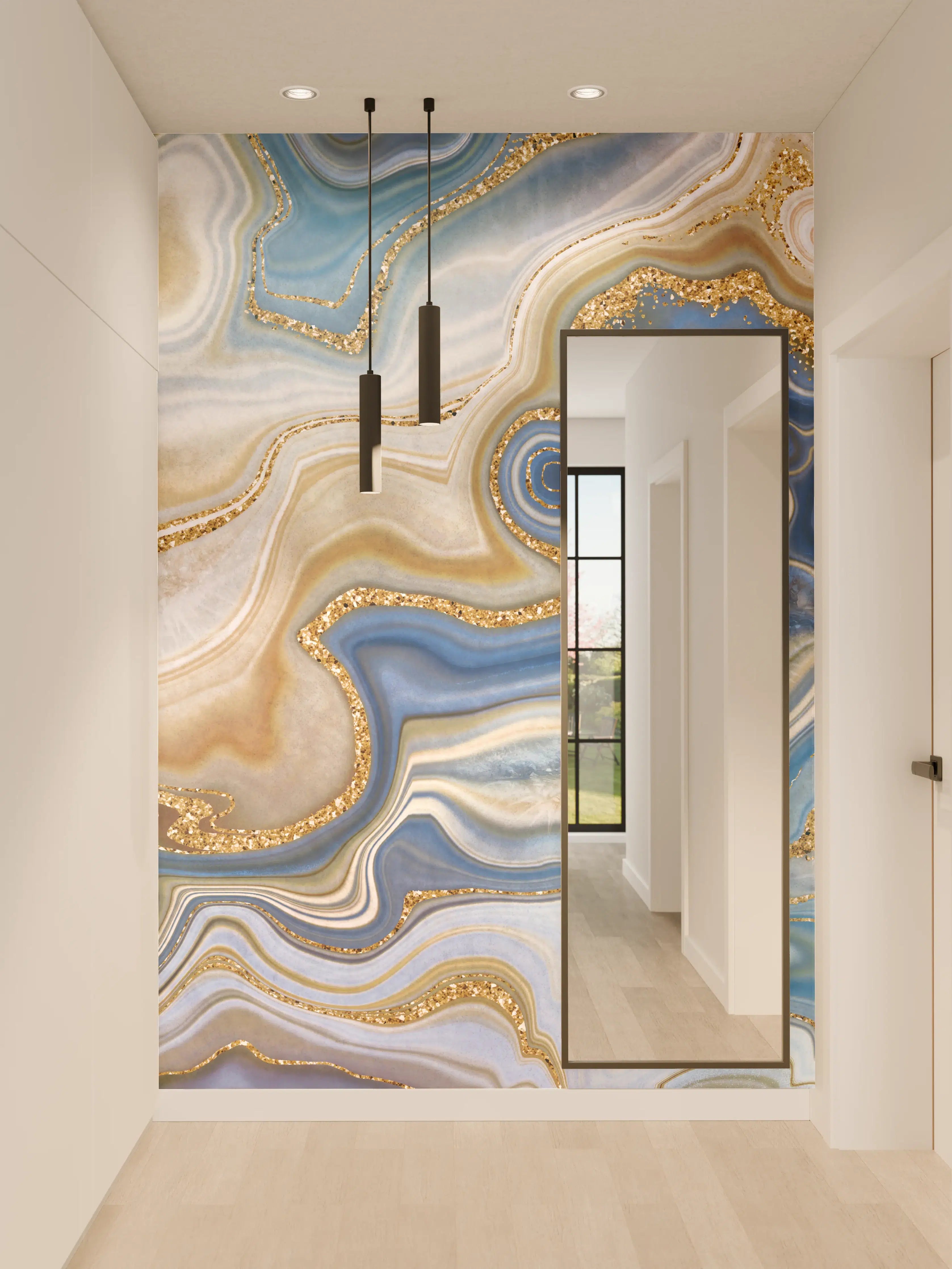 Wandverkleidung Flur - Elegante Geodesie in Blau und Gold
