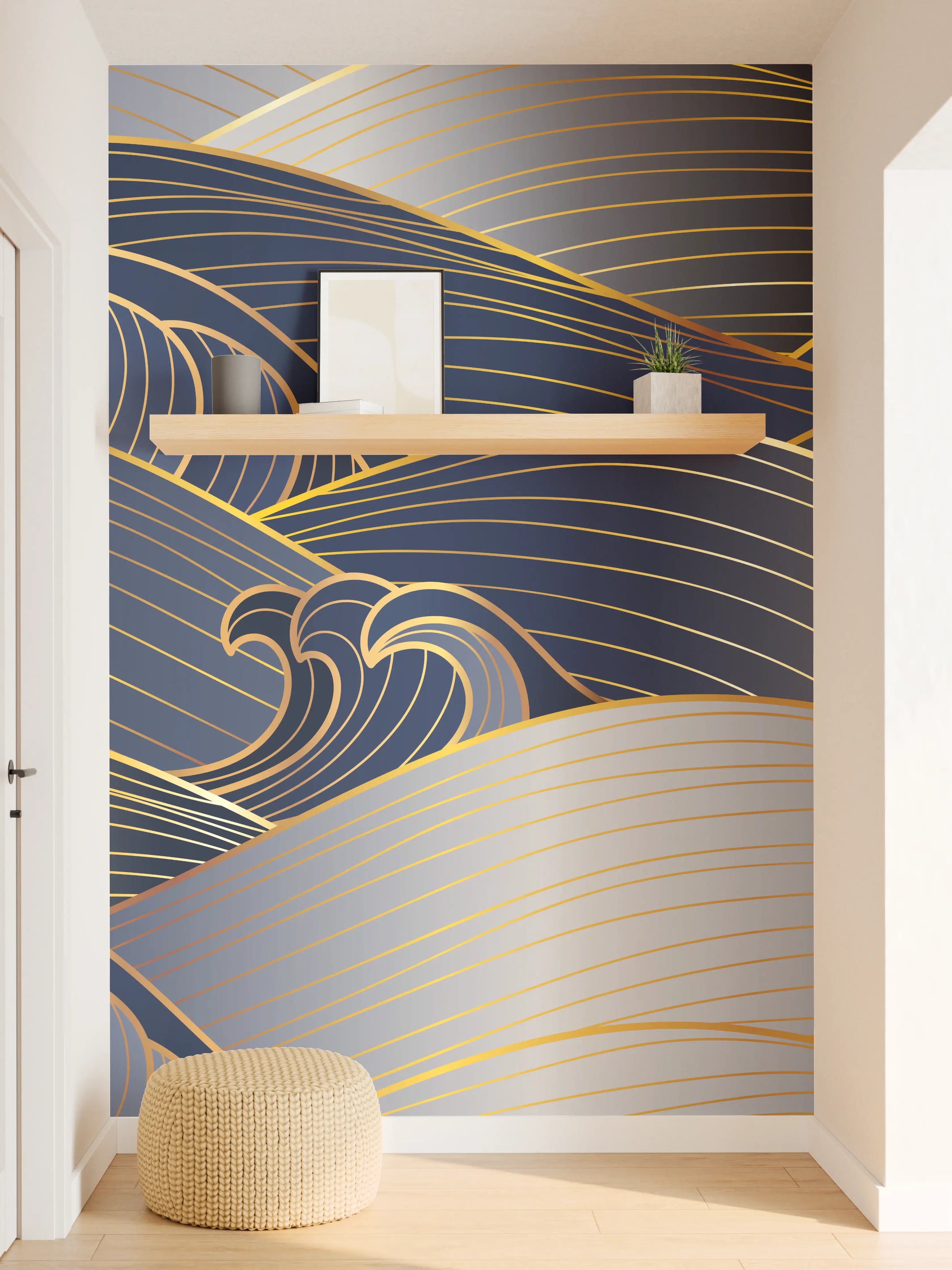 Wandverkleidung Flur - Elegante Gold-Blau Wellentextur