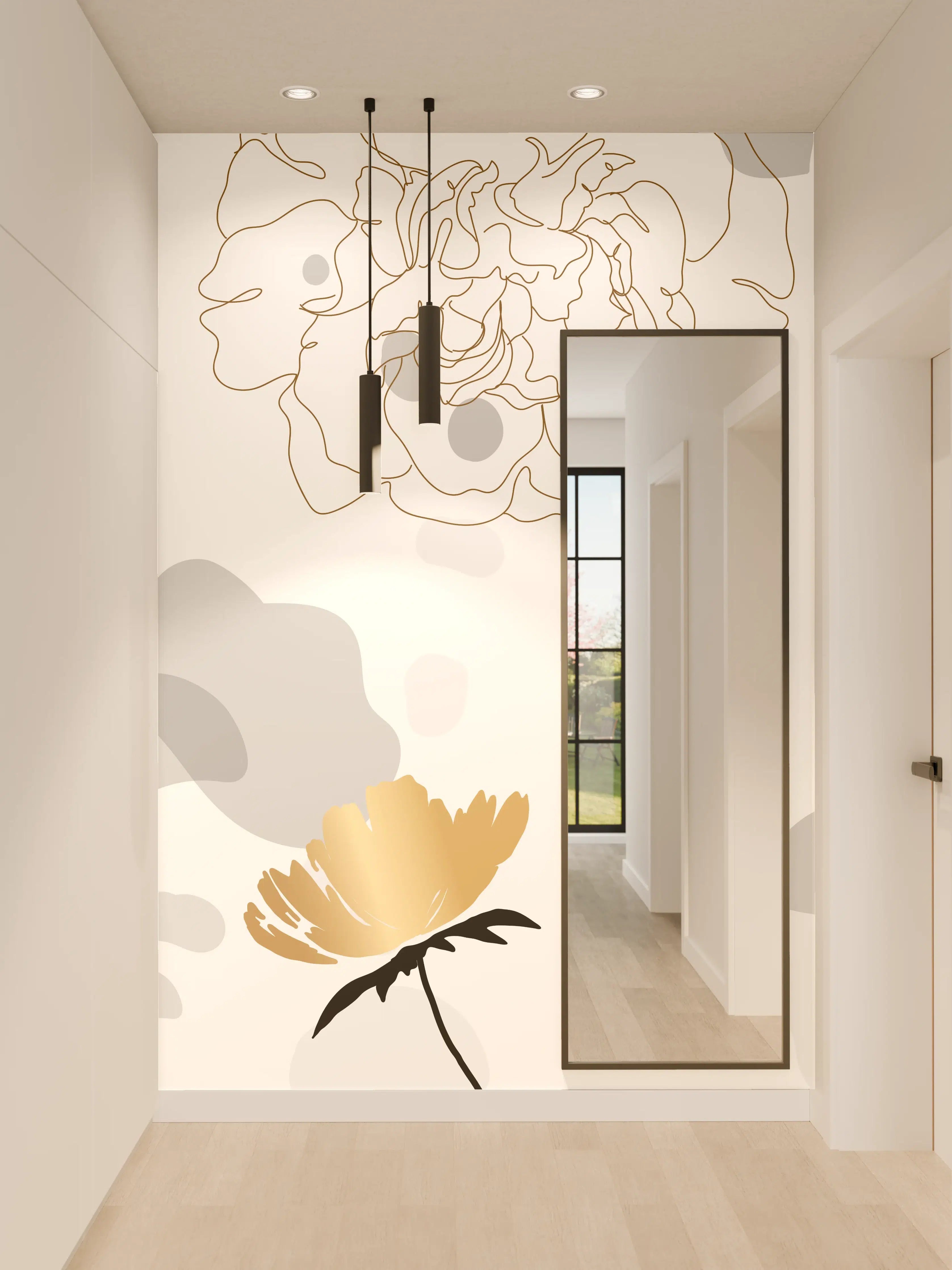 Wandverkleidung Flur - Elegante Gold-Grau Floral Kunst