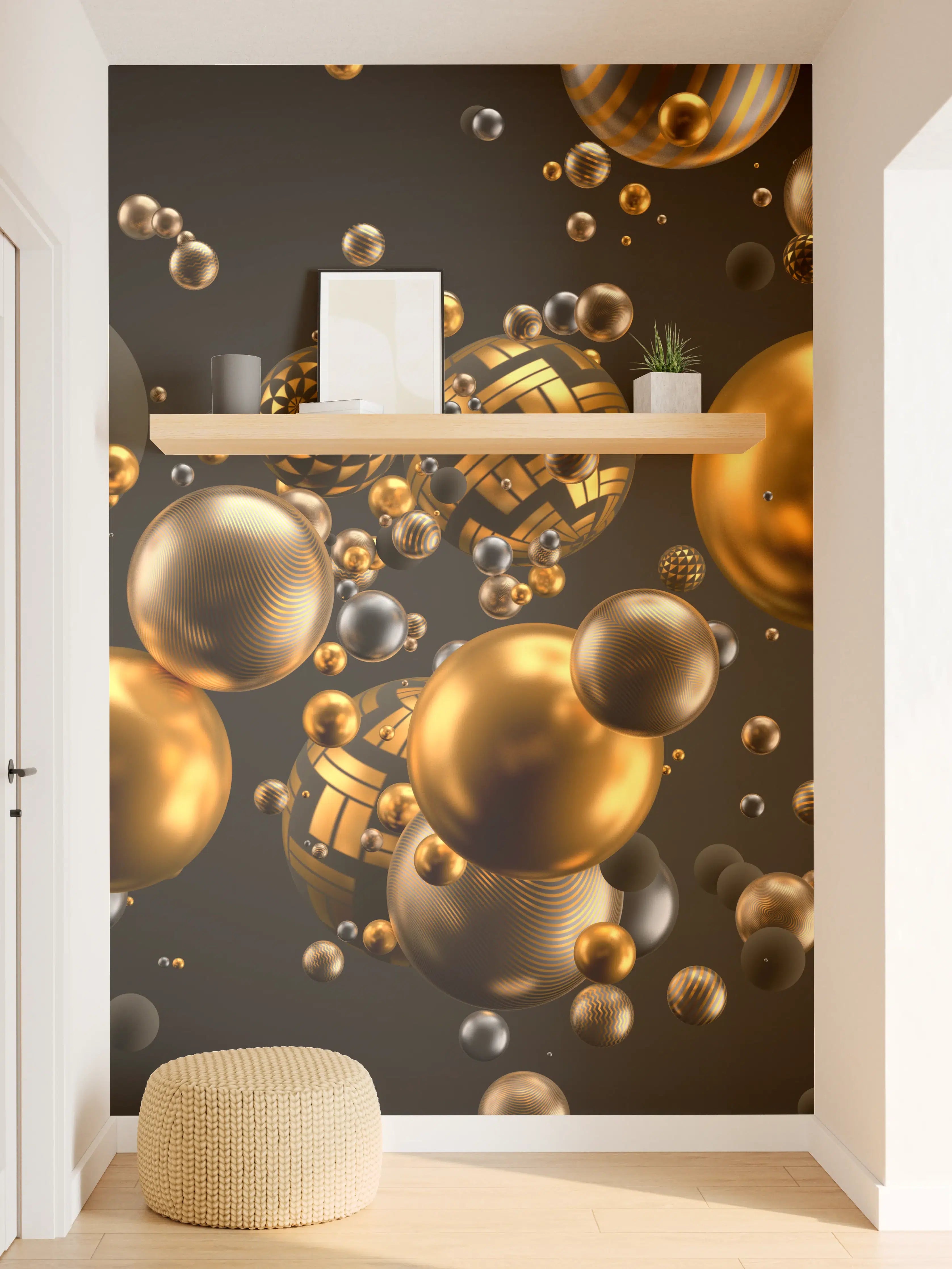 Wandverkleidung Flur - Elegante Goldene und Schwarze Kugeln in Bewegung