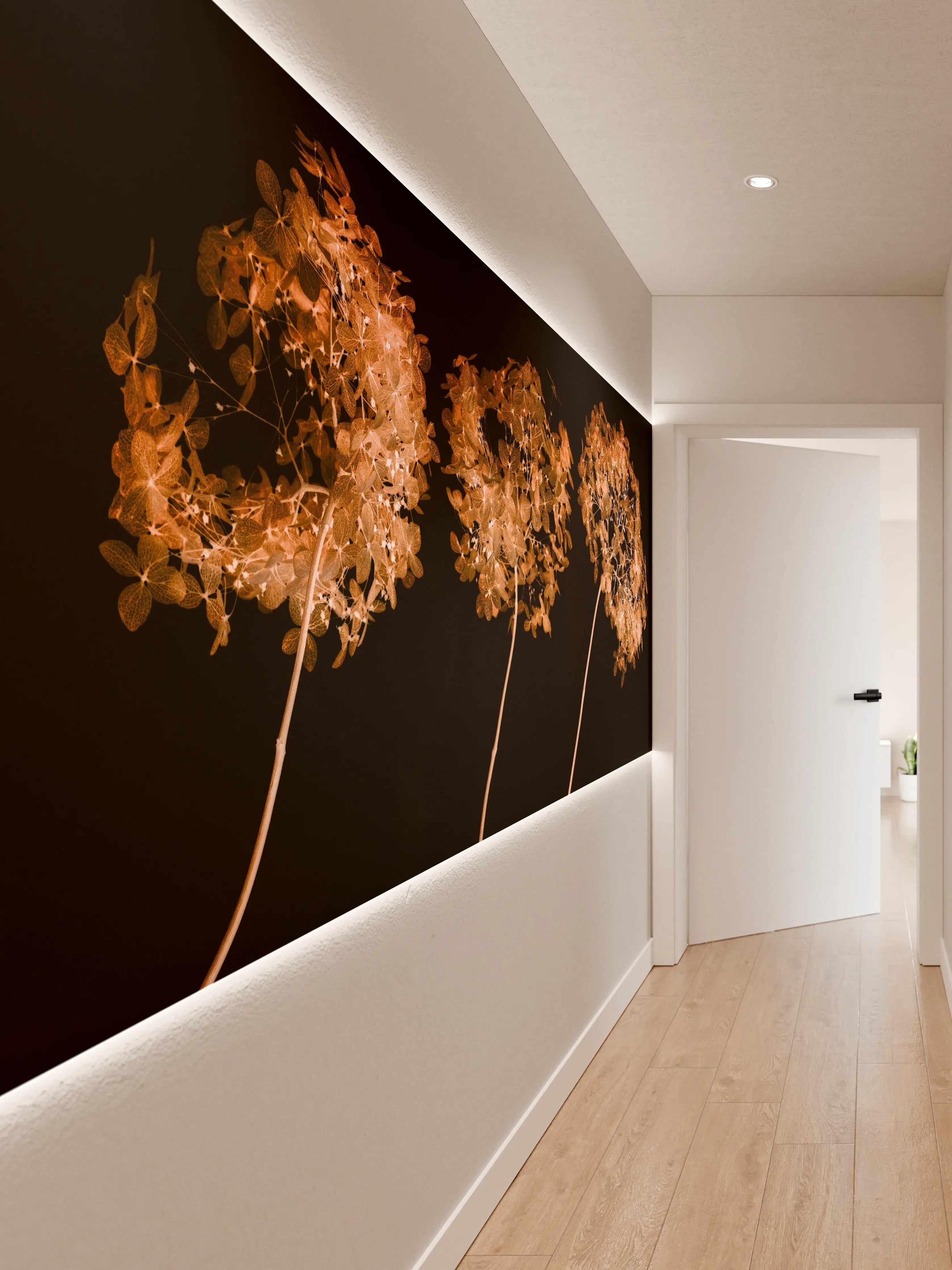 Wandverkleidung Flur - Elegante Hydrangea-Blumen in warmem Licht