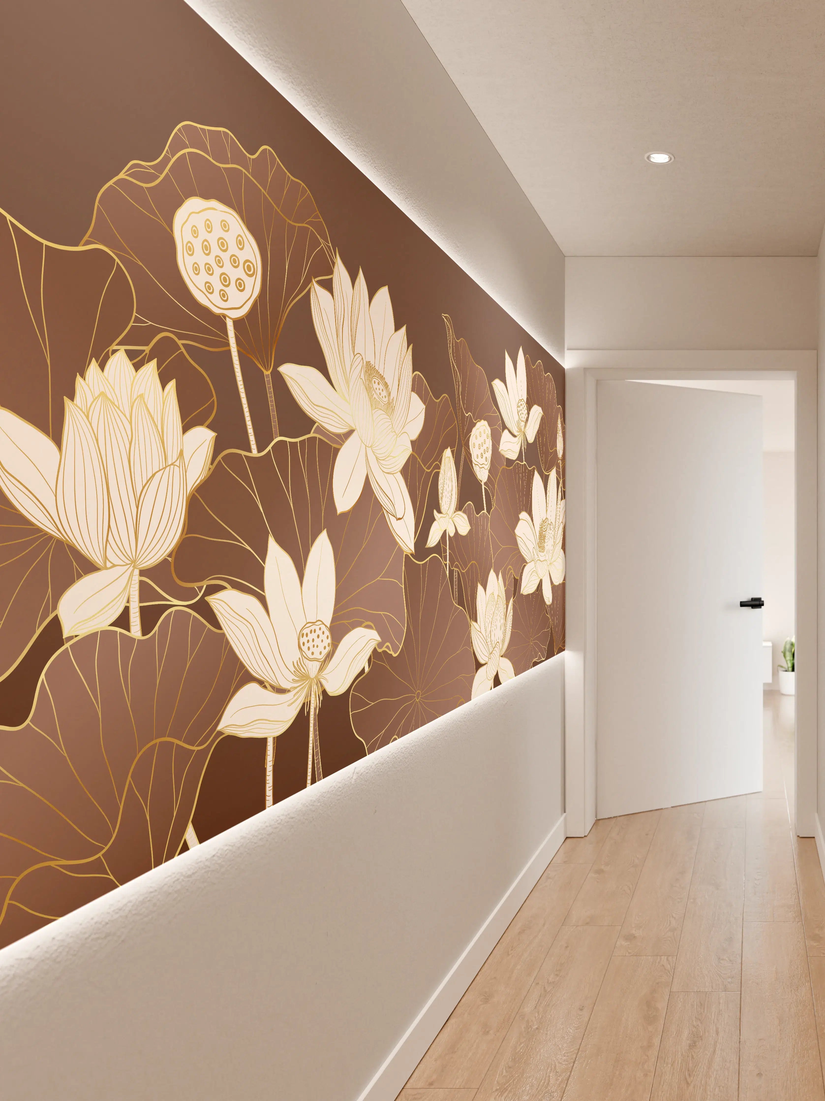Wandverkleidung Flur - Elegante Lotus-Blumen auf braunem Hintergrund