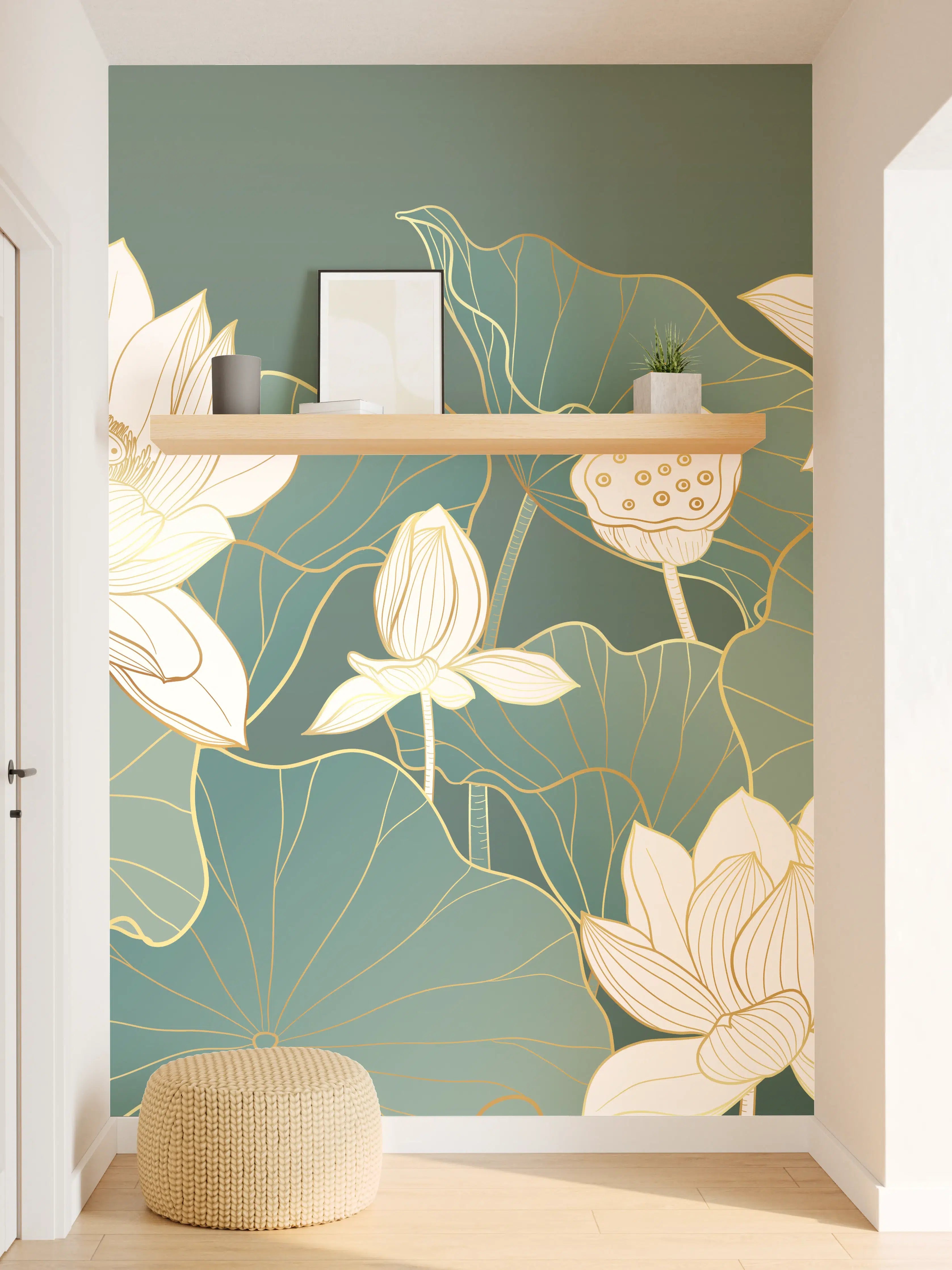 Wandverkleidung Flur - Elegante Lotus-Blumen im Wasser in zarten Tönen