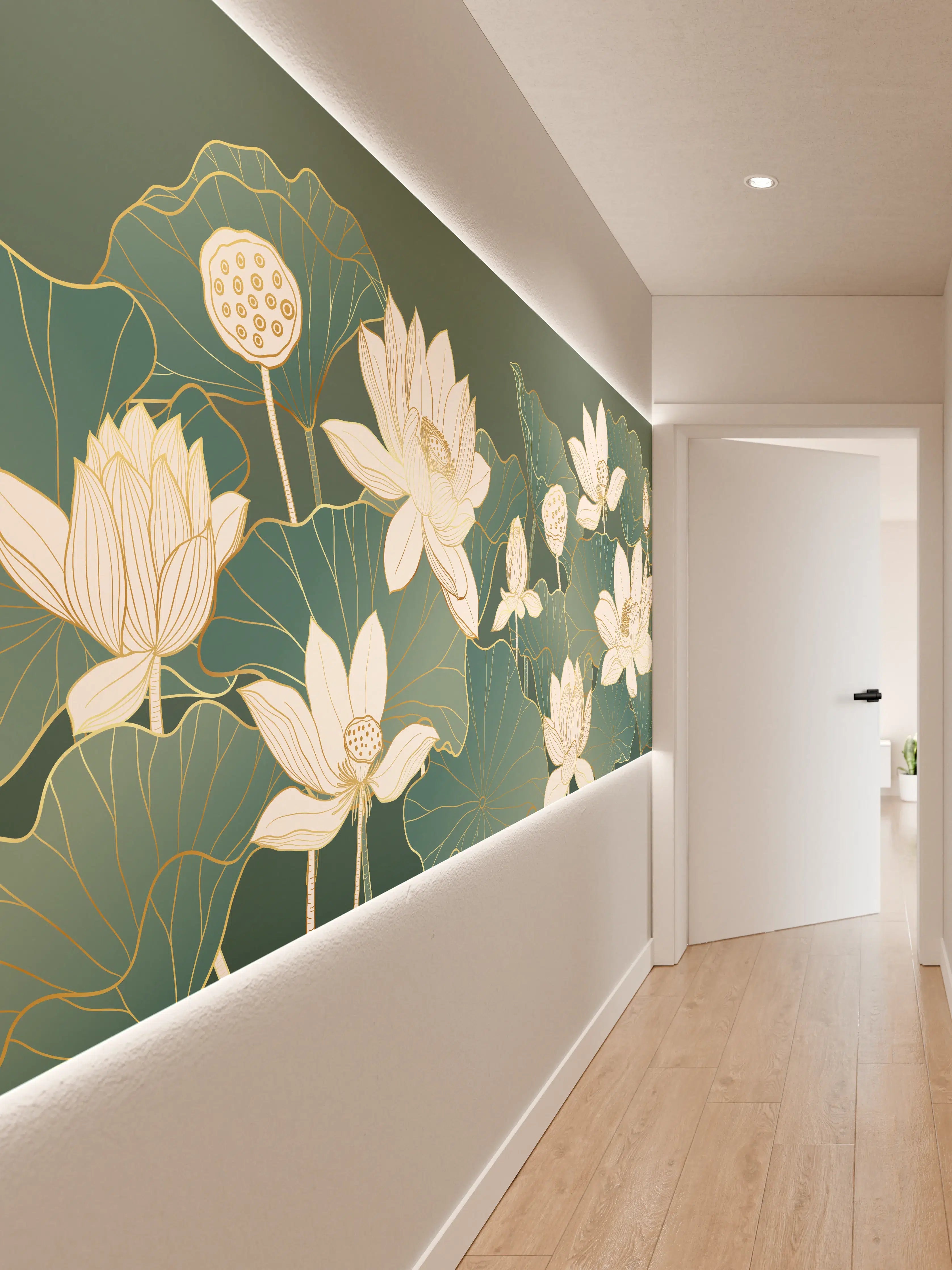 Wandverkleidung Flur - Elegante Lotus-Blumen im Wasser in zarten Tönen