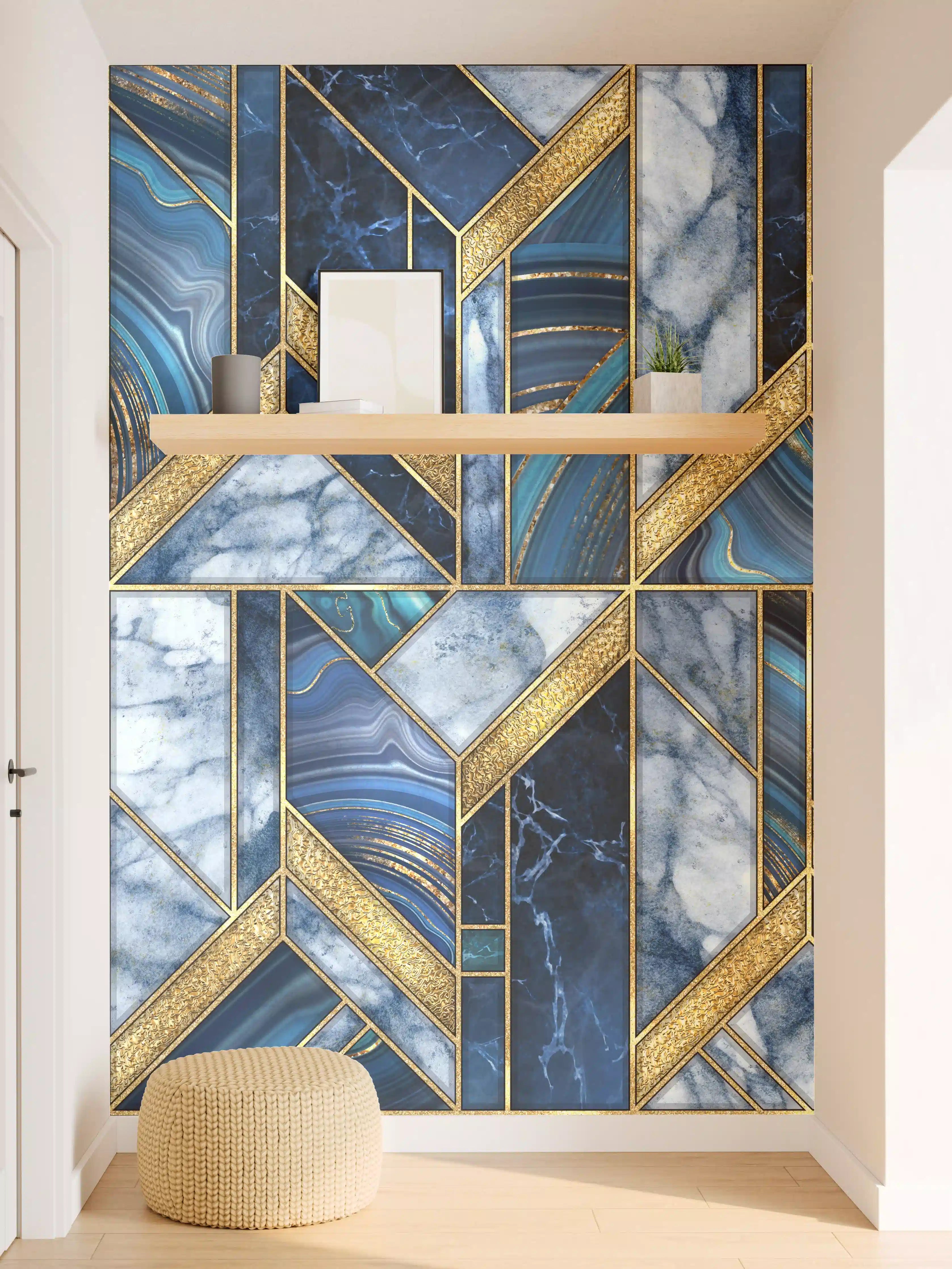 Wandverkleidung Flur - Elegante Mosaikfliesen in Blau und Gold