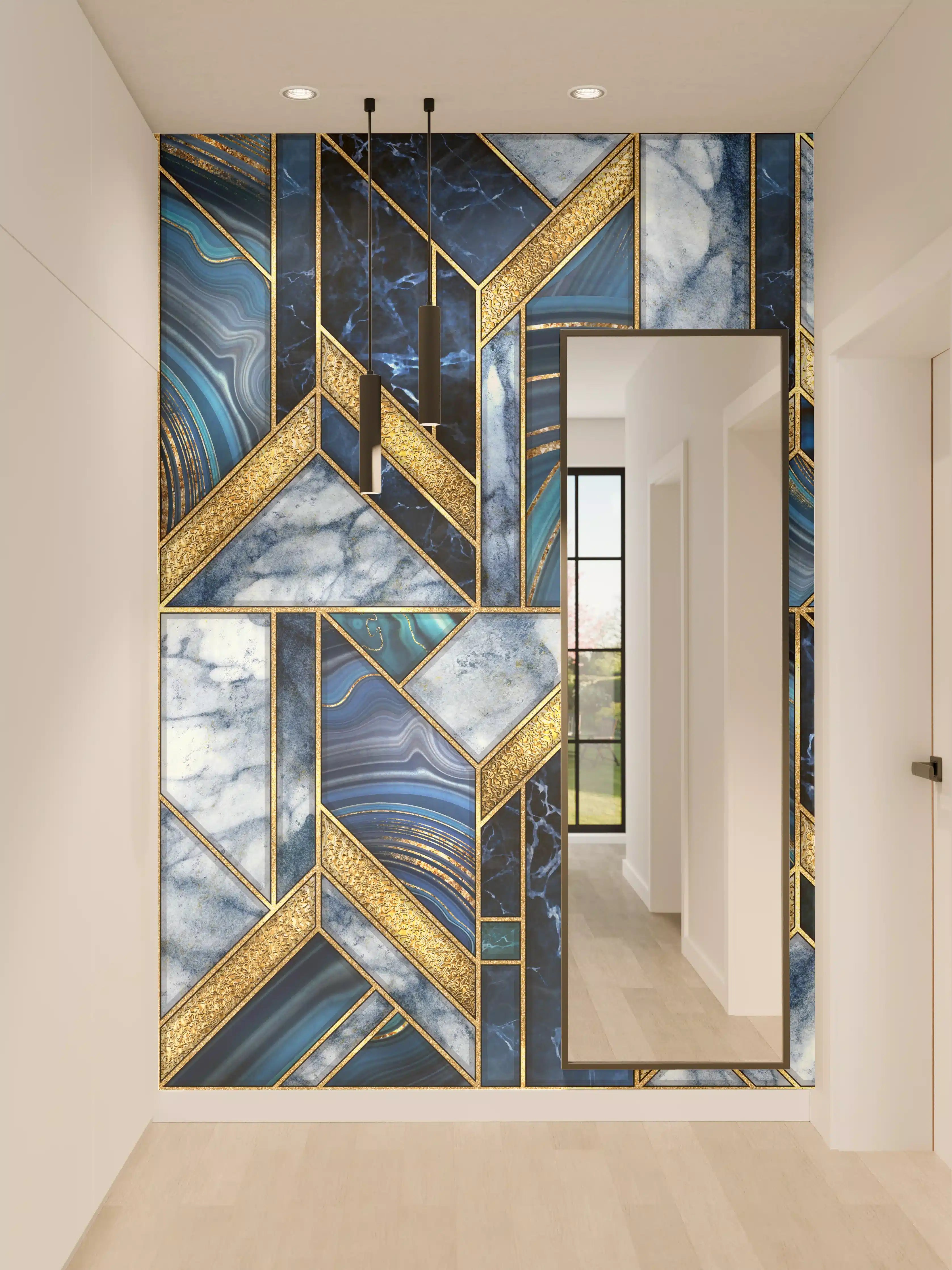 Wandverkleidung Flur - Elegante Mosaikfliesen in Blau und Gold