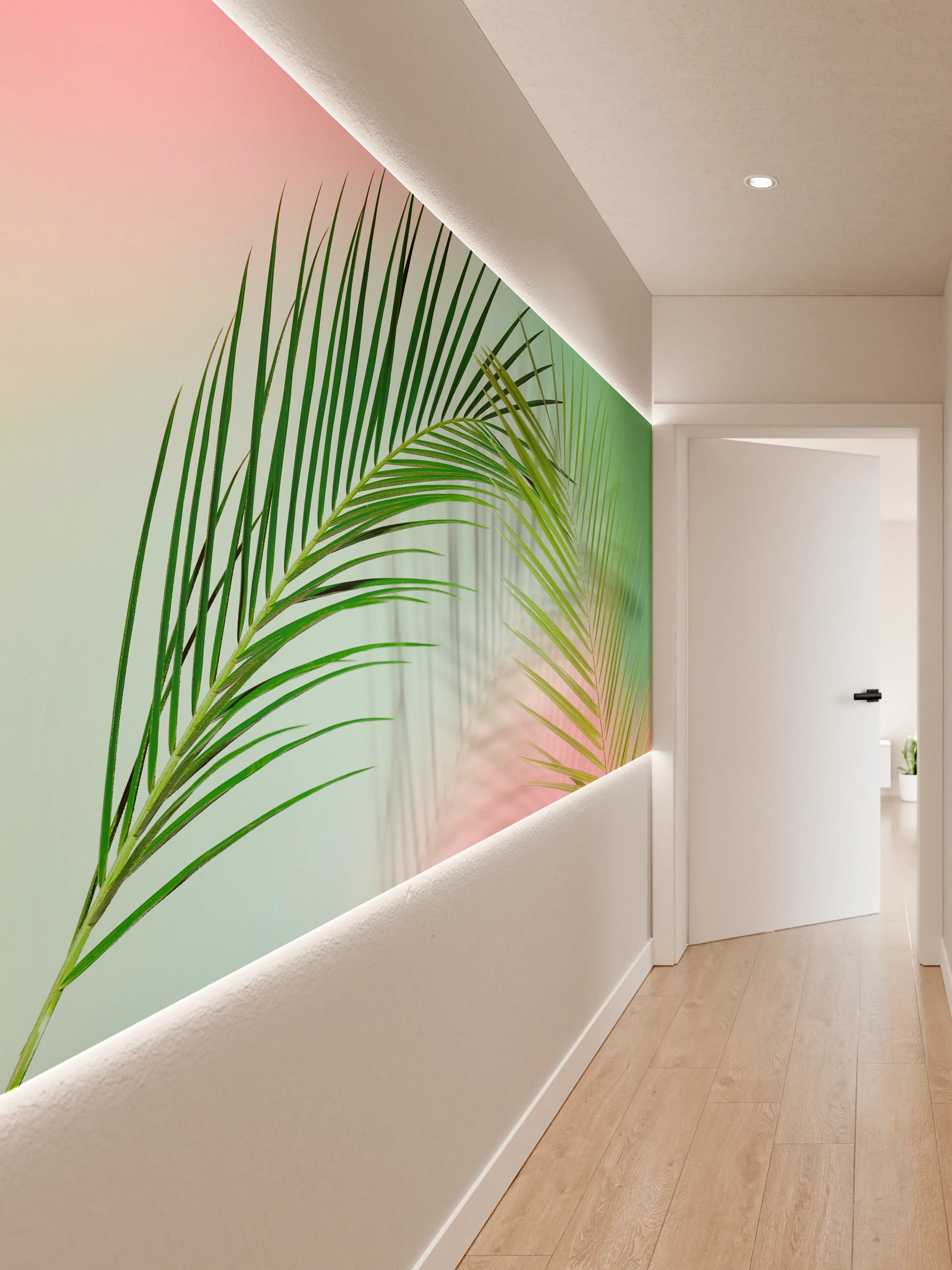 Wandverkleidung Flur - Elegante Palme vor buntem Hintergrund