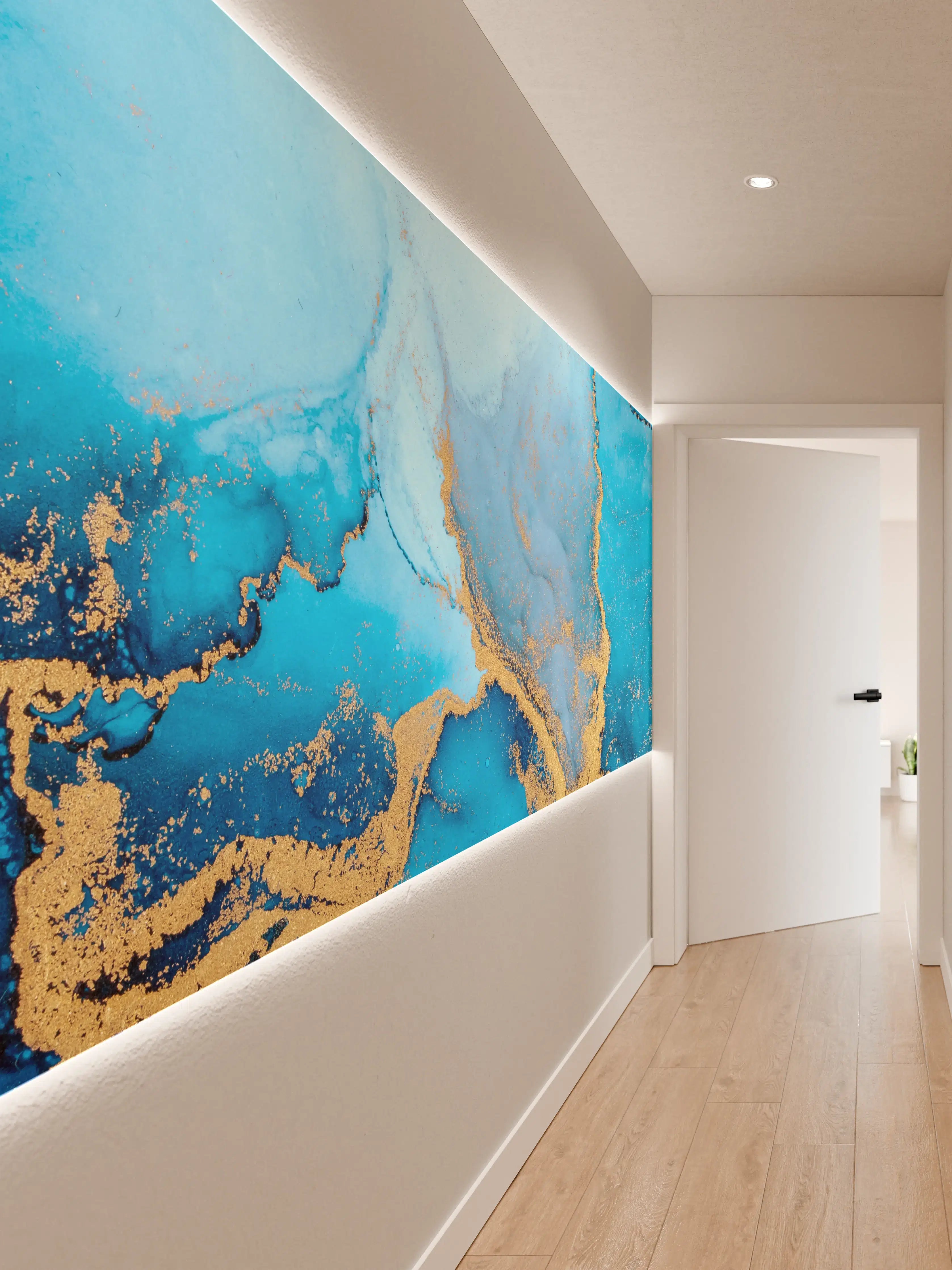 Wandverkleidung Flur - Elegante Wasserfarbengestaltung mit Goldakzenten