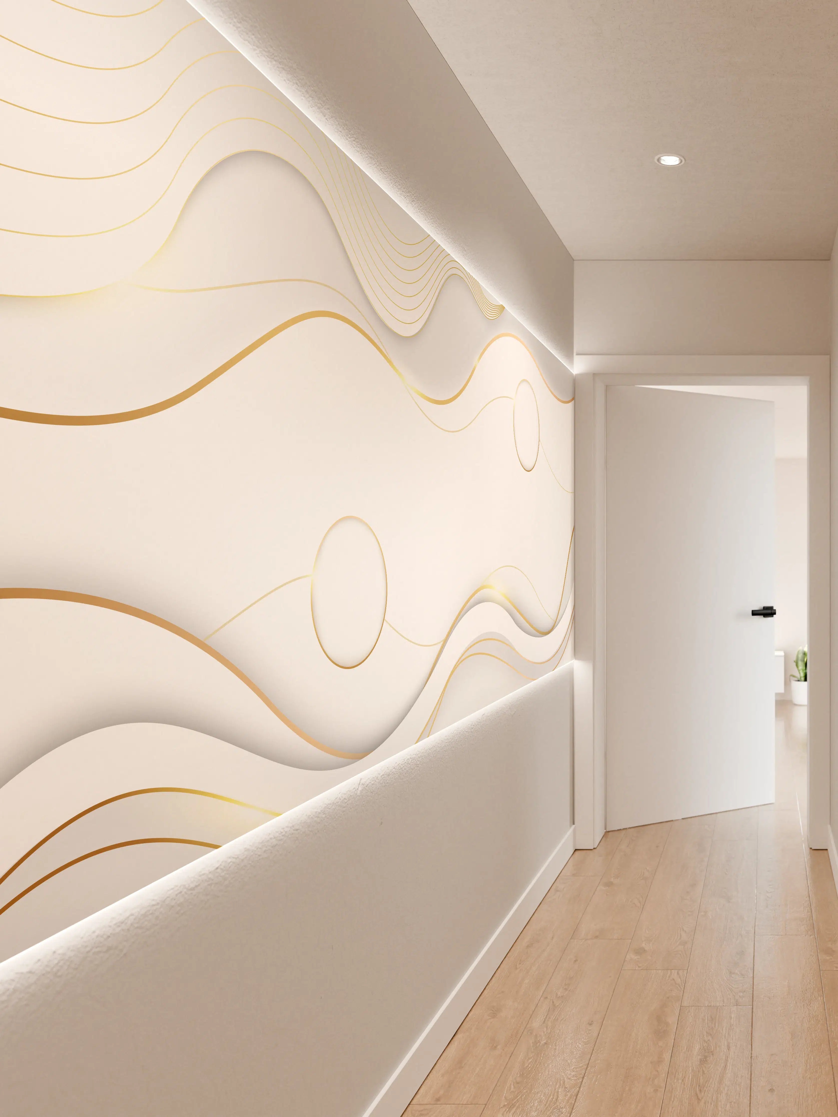 Wandverkleidung Flur - Elegante Weiß-Gold Wellen-Design