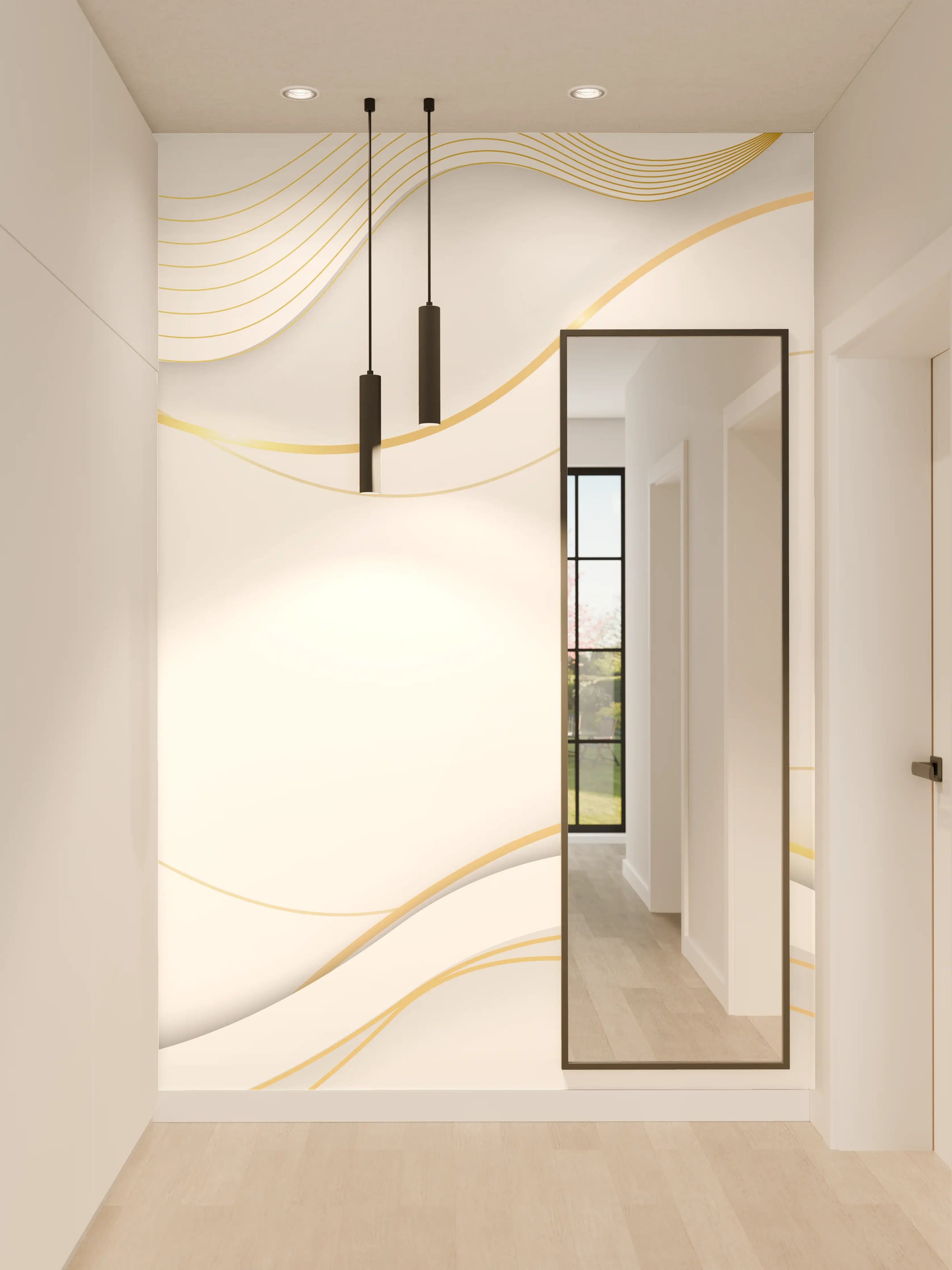 Wandverkleidung Flur - Elegante Weiß-Gold Wellen-Design