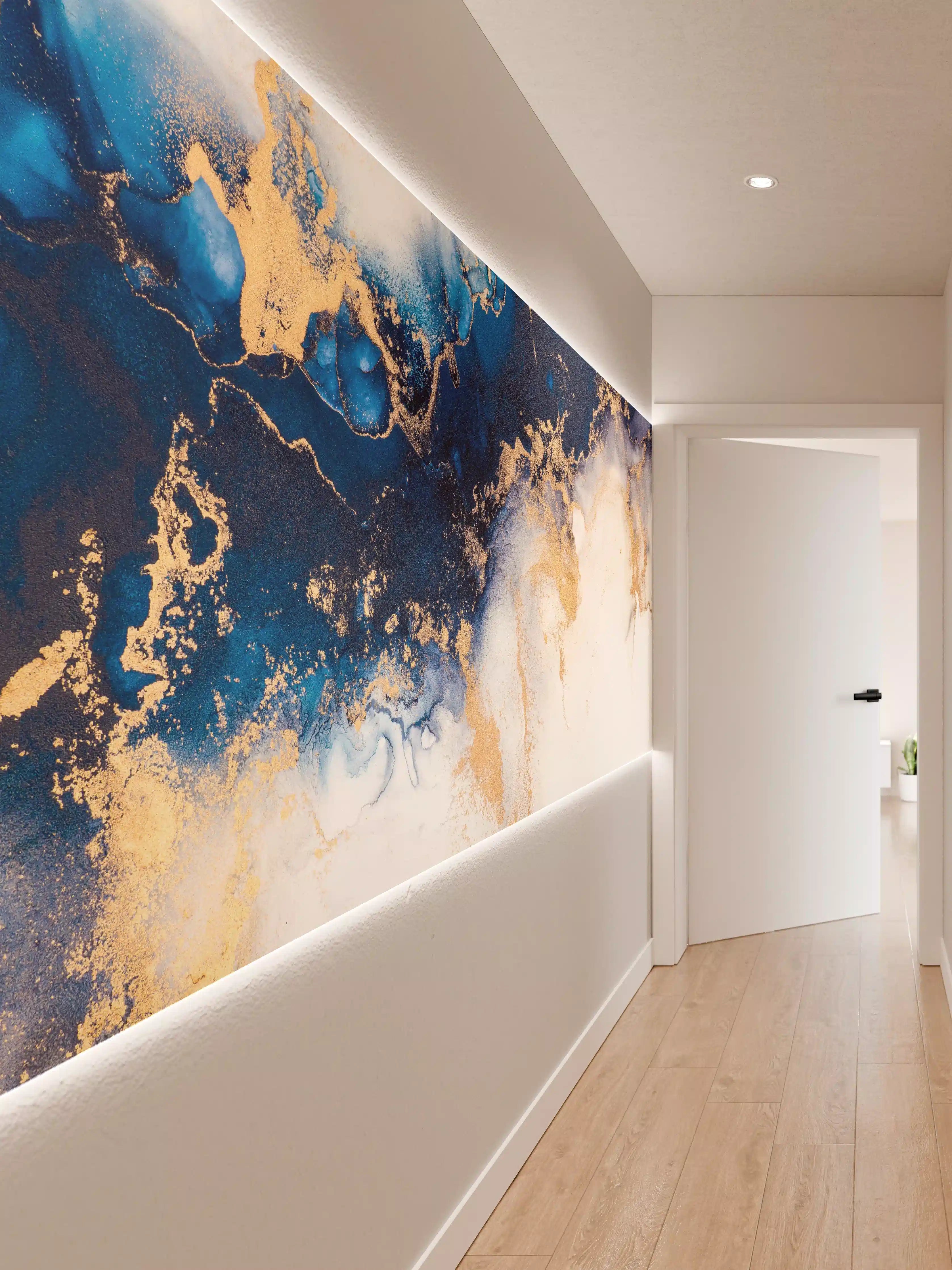 Wandverkleidung Flur - Elegante blaue Gold-Aquarellkunst
