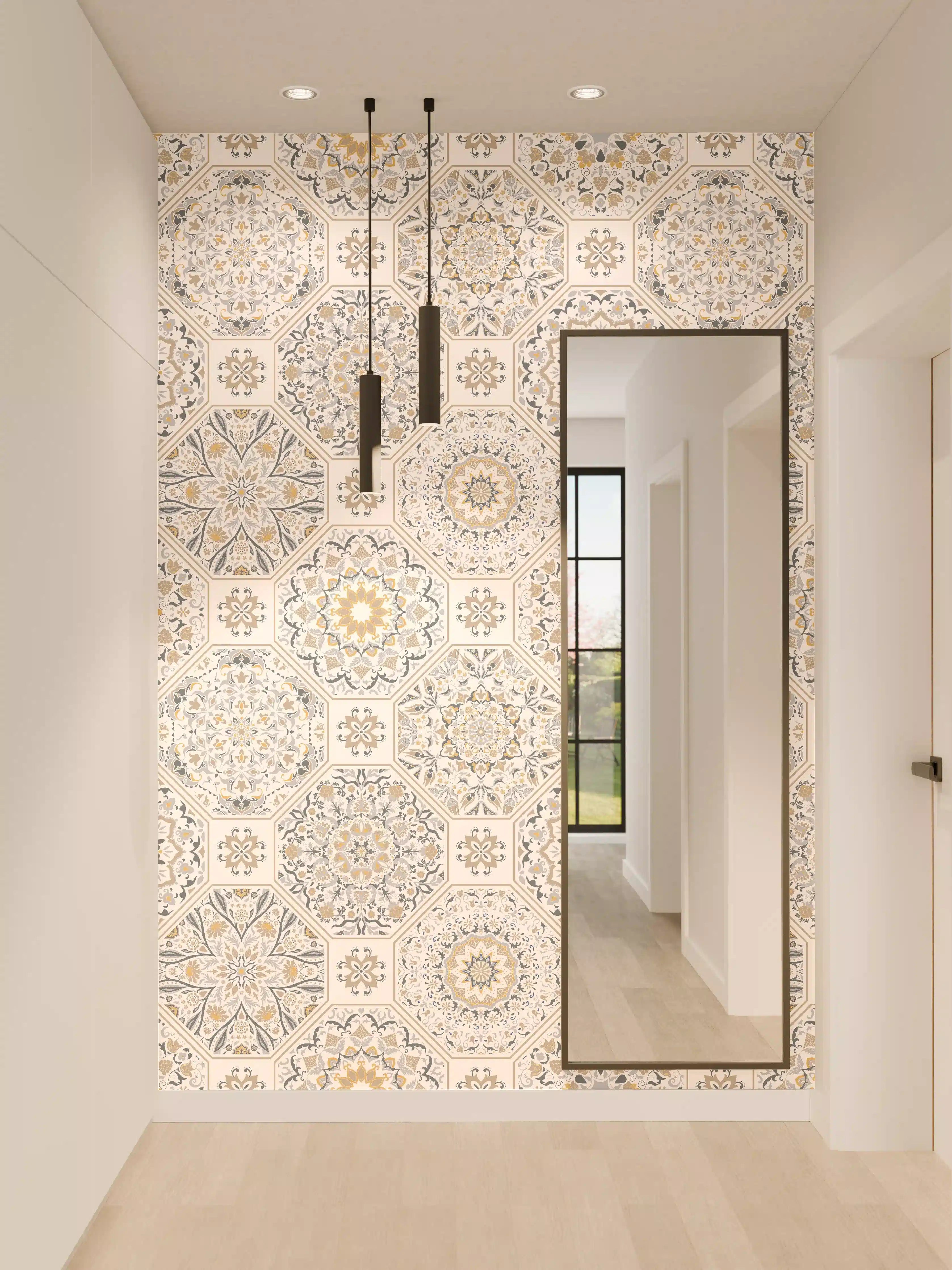 Wandverkleidung Flur - Elegante geometrische Fliesenmuster in Beige und Blau