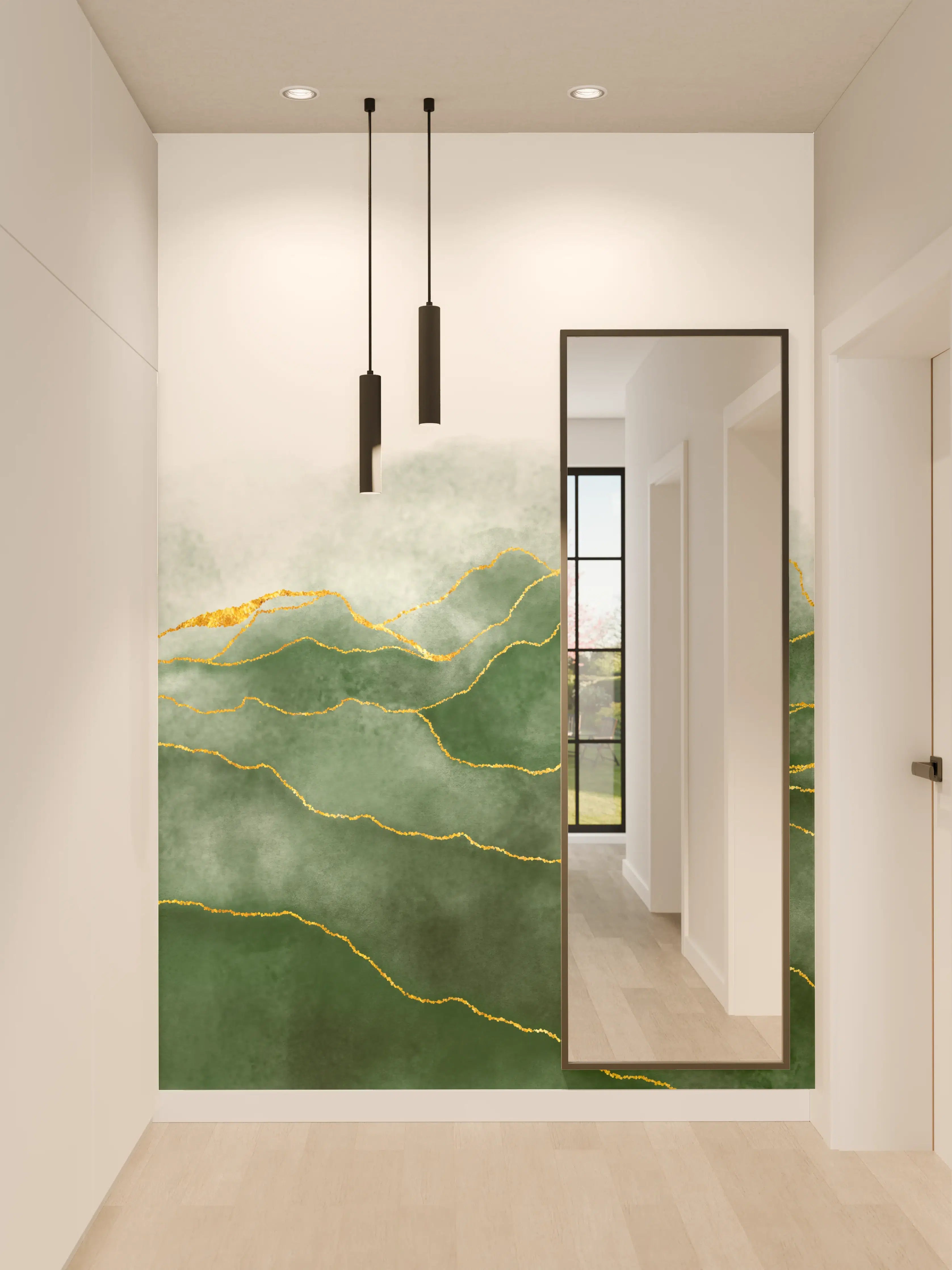 Wandverkleidung Flur - Elegante grüne Blätter mit Goldakzenten