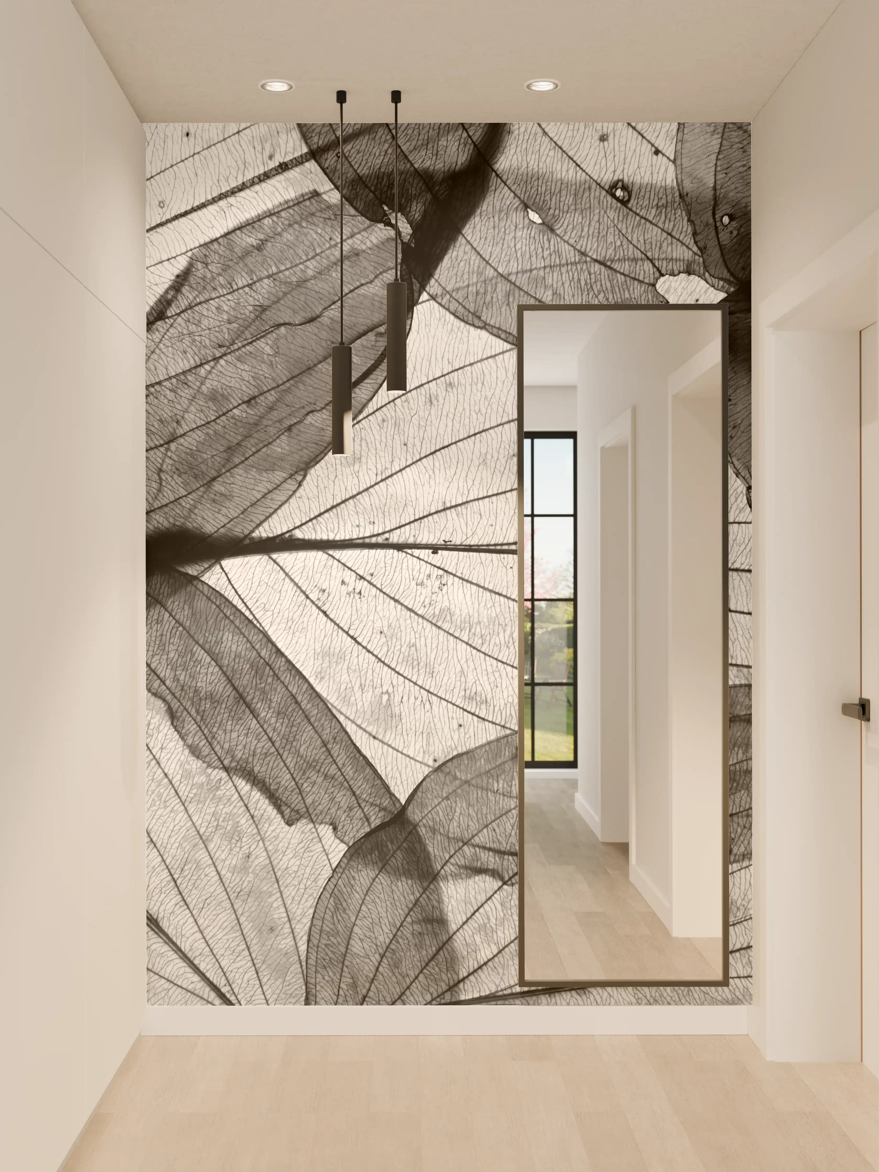 Wandverkleidung Flur - Elegante schwarze Blätter im Schwarzweiß-Design