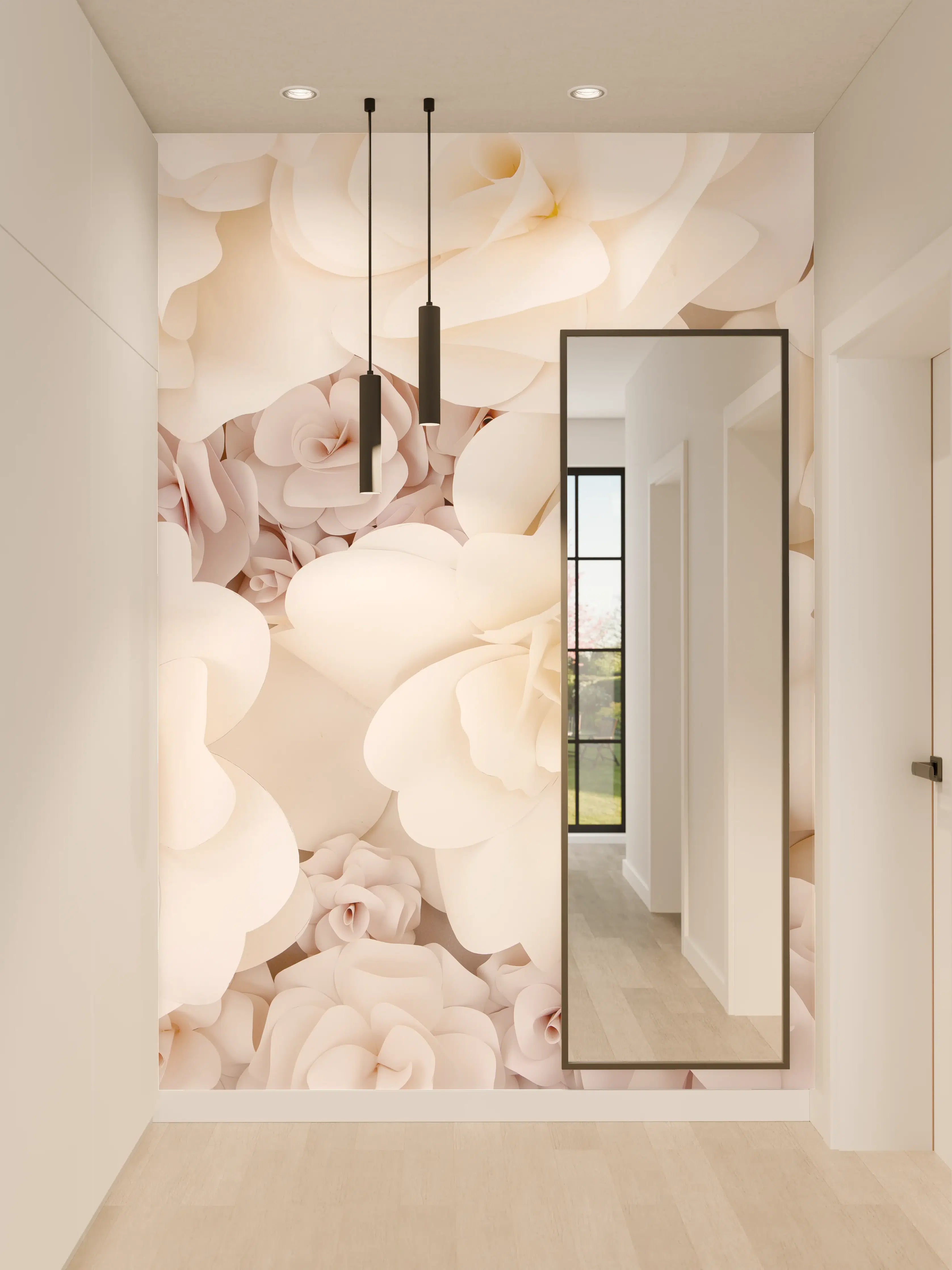 Wandverkleidung Flur - Elegante weiße Blumen-Dekoration