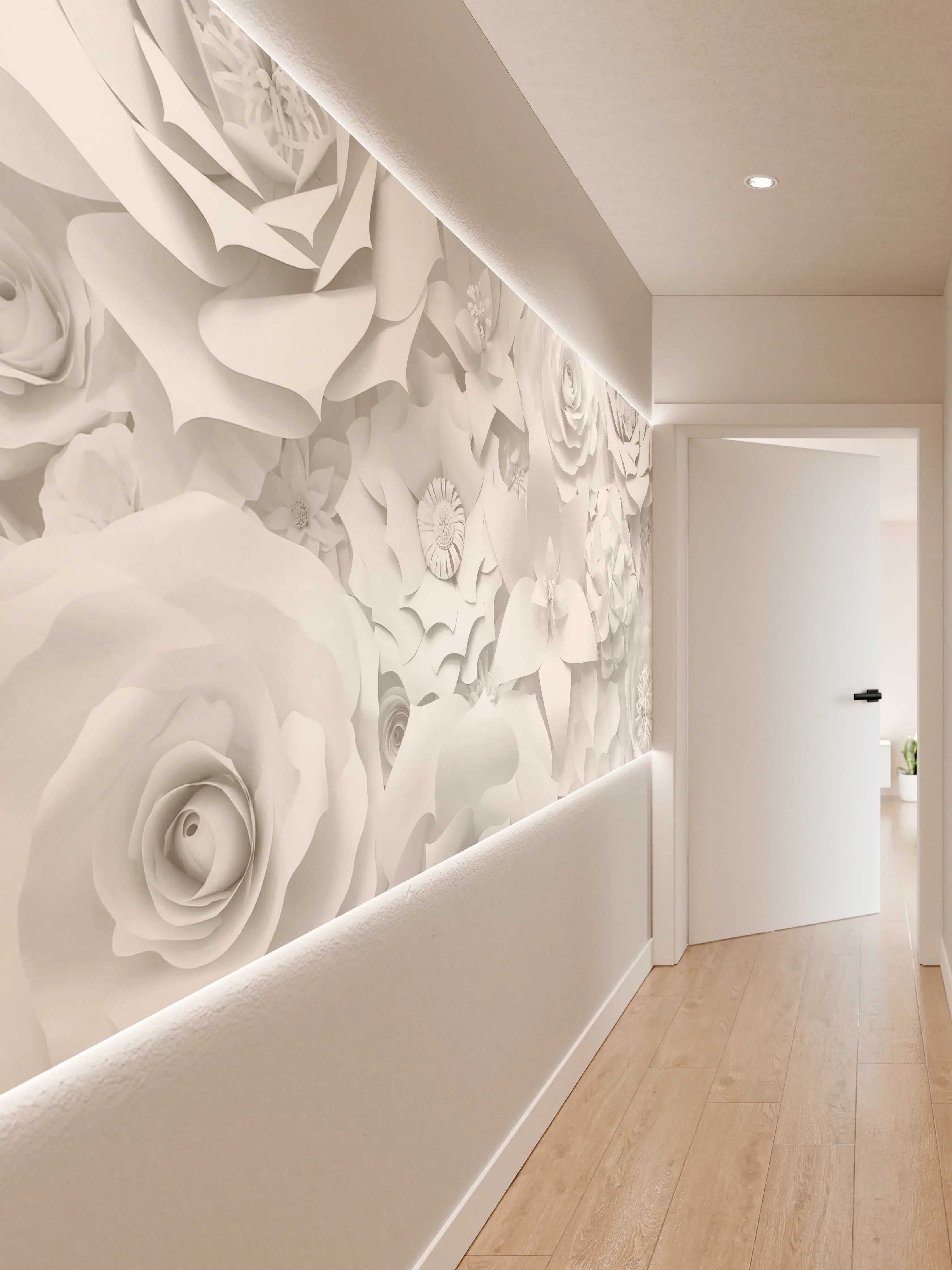 Wandverkleidung Flur - Elegante weiße Blumen in 3D-Optik