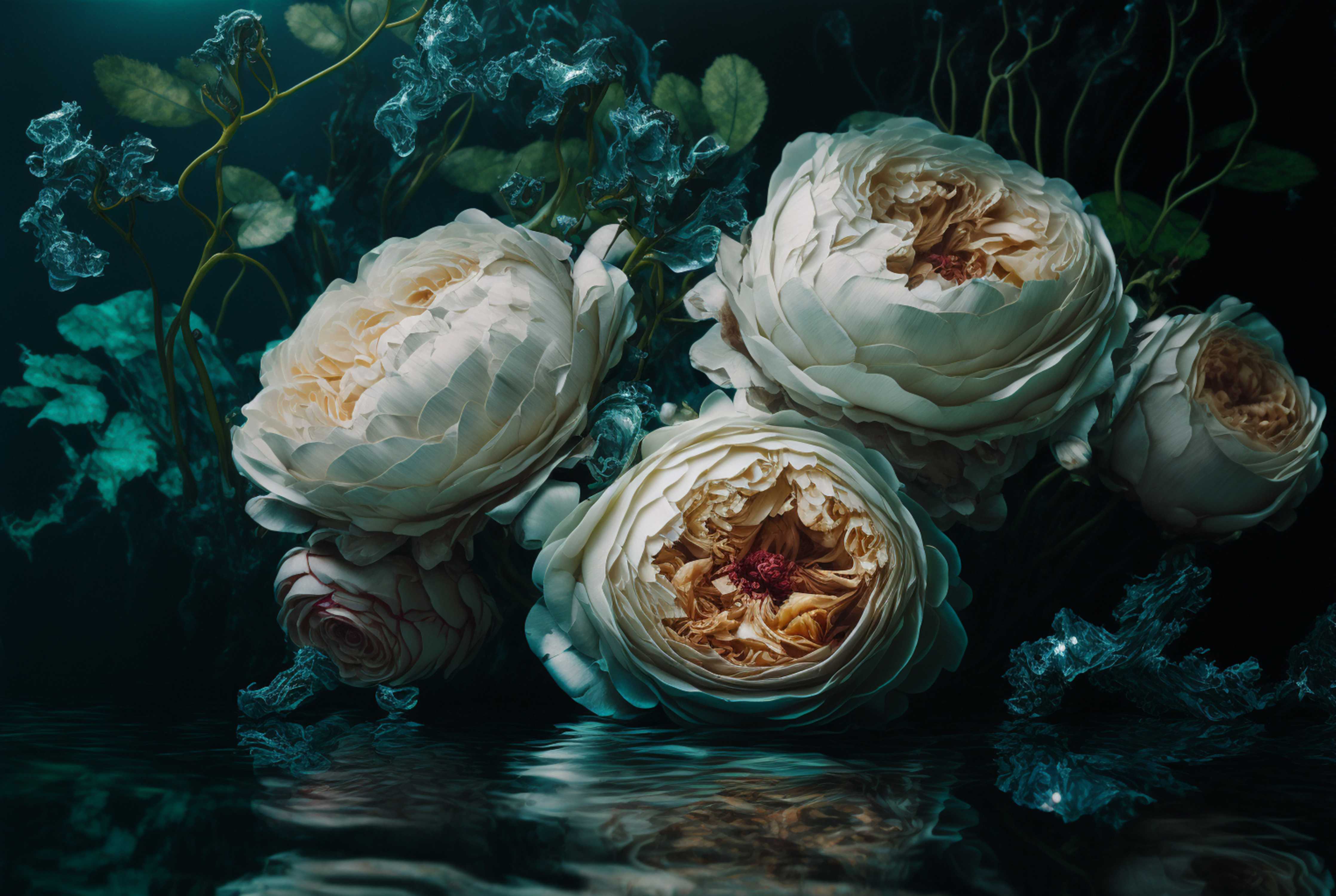 Wandverkleidung Flur-Elegante weiße Blumen under Wasser